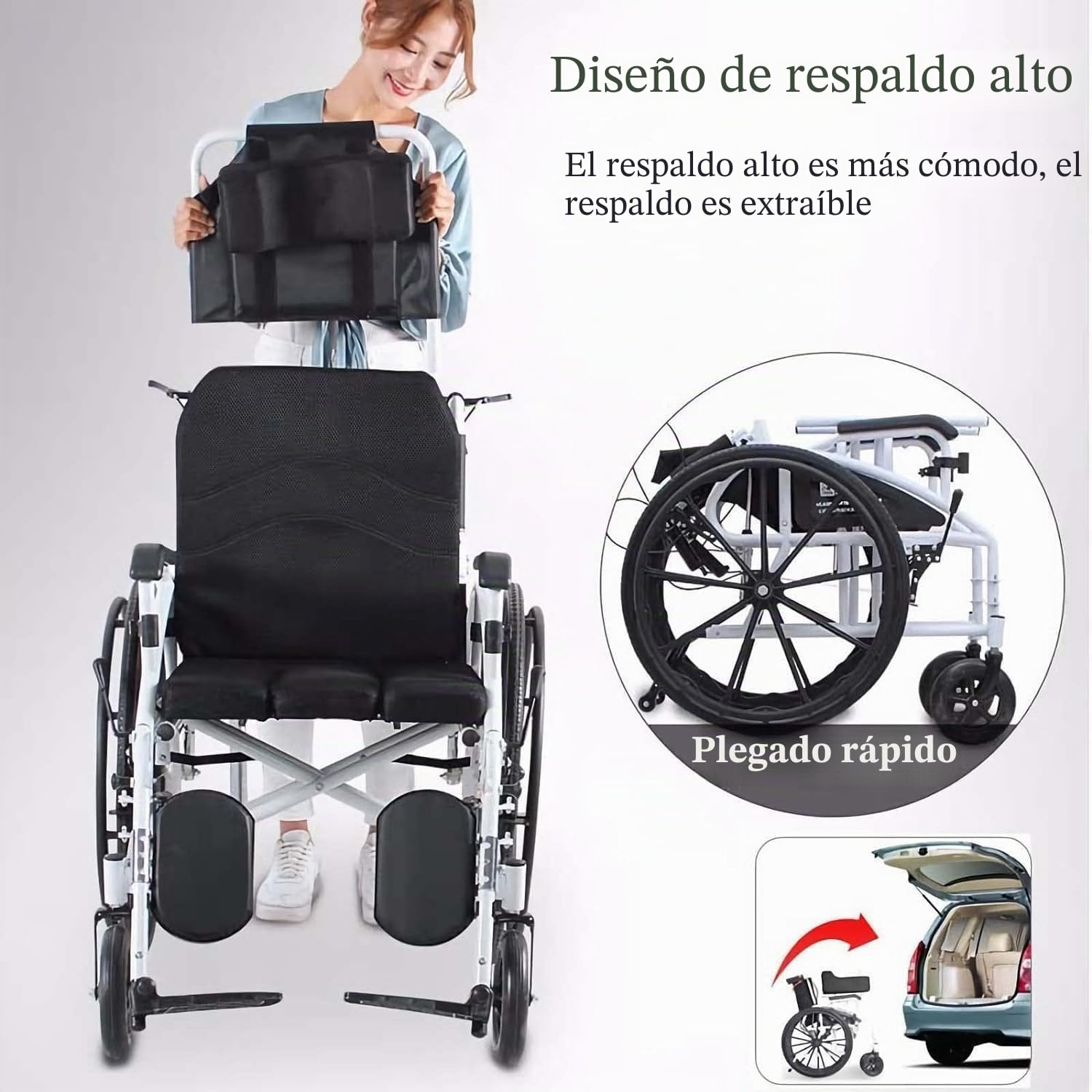 Silla de ruedas MKYOKO reclinable, ligera, de acero al carbono, plegable, autopropulsada, con respaldo alto, reposacabezas extraíble, 180° completo, Gris O Plateado