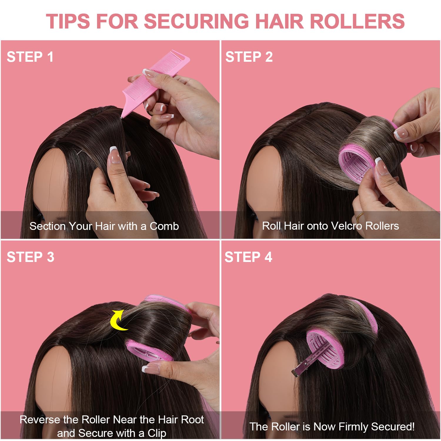 IKOCO - Rizadores de pelo, 4 tamaños, juego de rodillos autoadherentes de 60 mm, 48 mm, 36 mm, 25 mm, para cabello largo, flequillo corto con 16 clips de rodillo, bolsa de aseo transparente y peine de