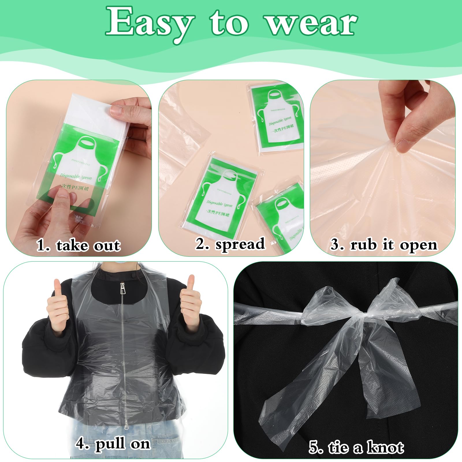 Nogeqi 50 sztuk fartuchów dla dzieci, jednorazowe fartuchy plastikowe, jednorazowe, plastikowe, 55 x 65 cm, wodoodporne, jednorazowe fartuchy Pe przezroczyste do gotowania, czyszczenia, malowania