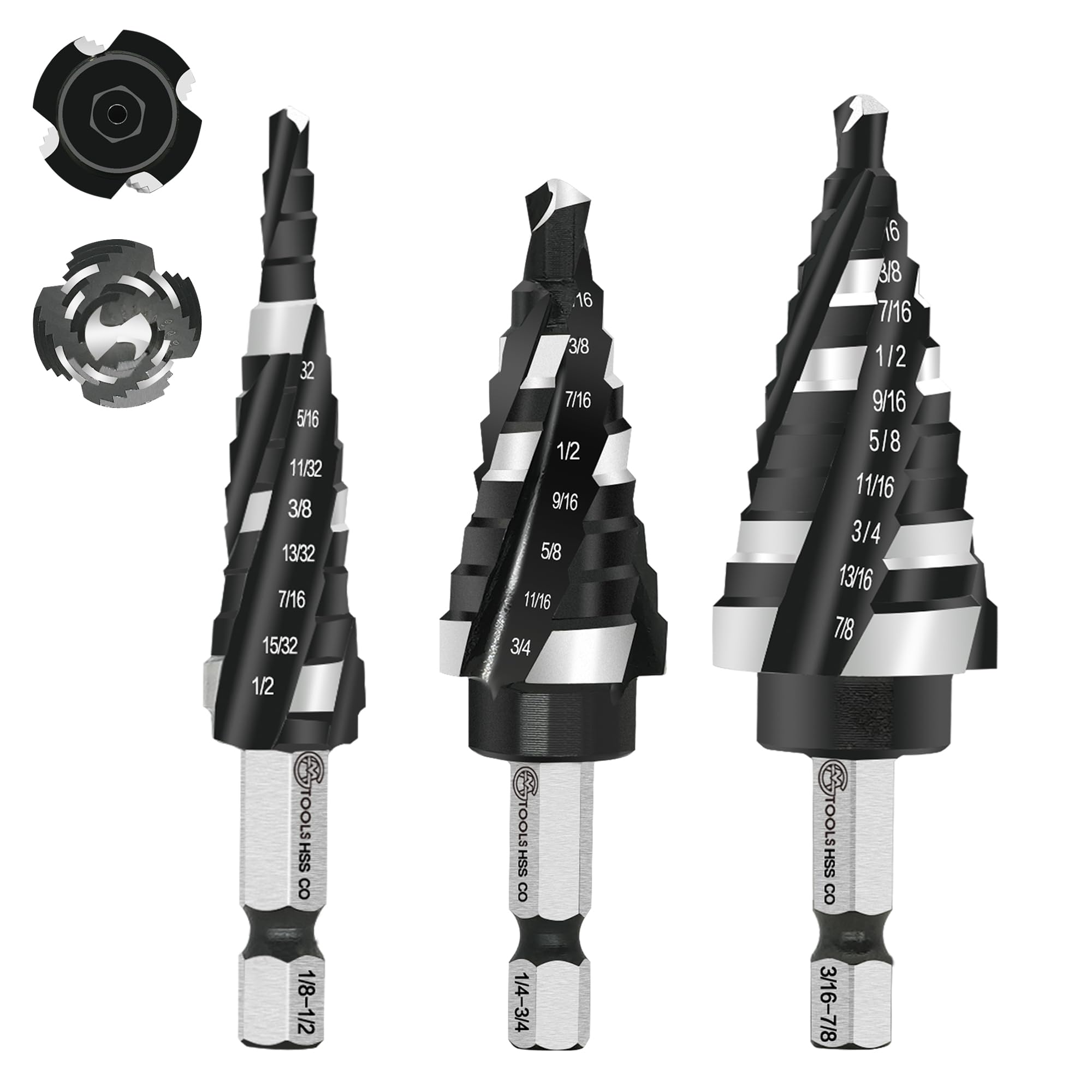 GMTOOLS M35 Four Spiral Flute Cobalt Step Drill Bit Set 1/8"-7/8", Industrial Grade Wear-Resistant TiAlN Coated 1/4" Hex Shank Step Bit for Metal,