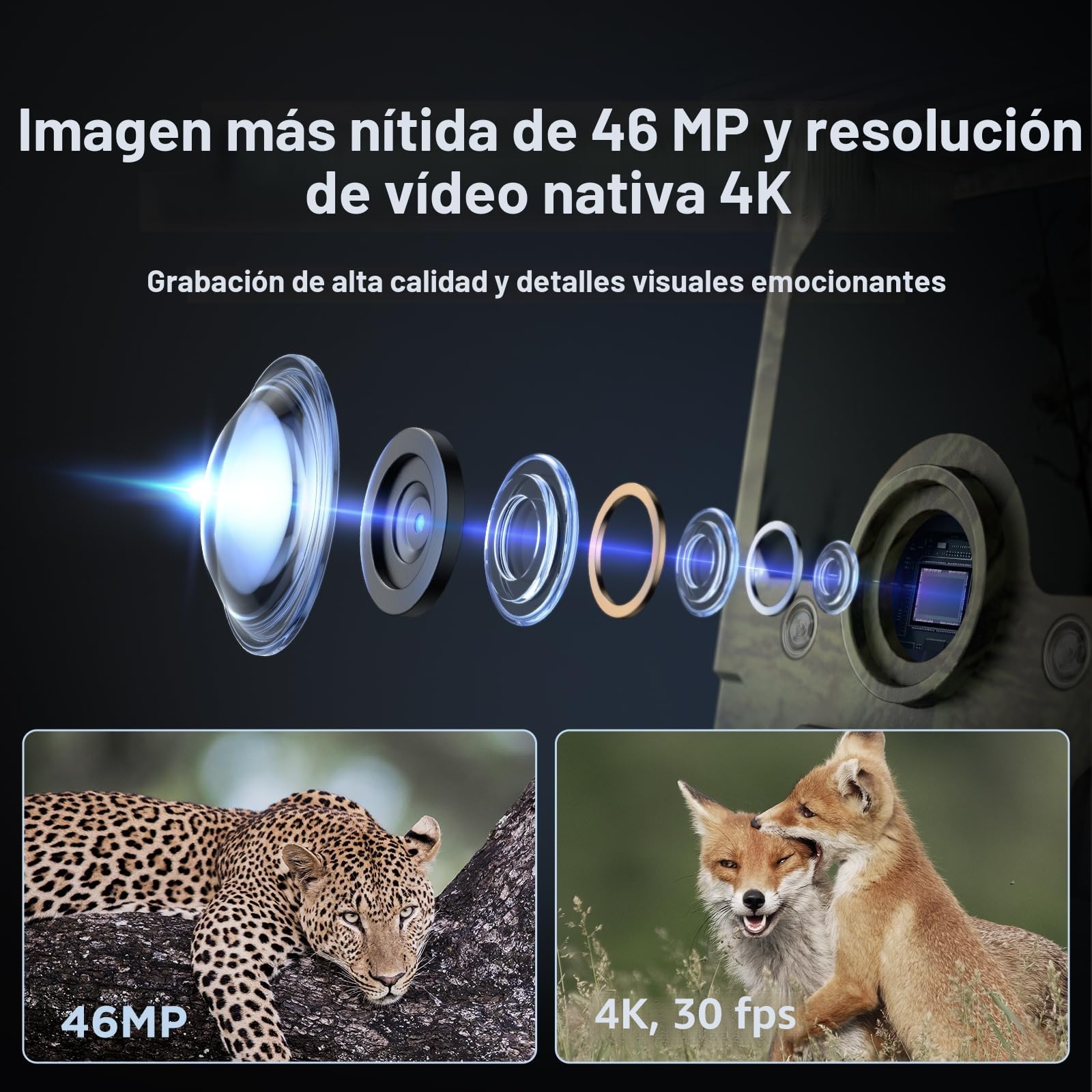 WOLFANG Cámara de Caza Solar 4K 30fps 68MP, WiFi Bluetooth Camara Fototrampeo con Visión Nocturna, Disparo de 0.1 s, Batería de 5200 mAh, IP66 Impermeable, Camara Caza para Monitoreo de Vida Silvestre