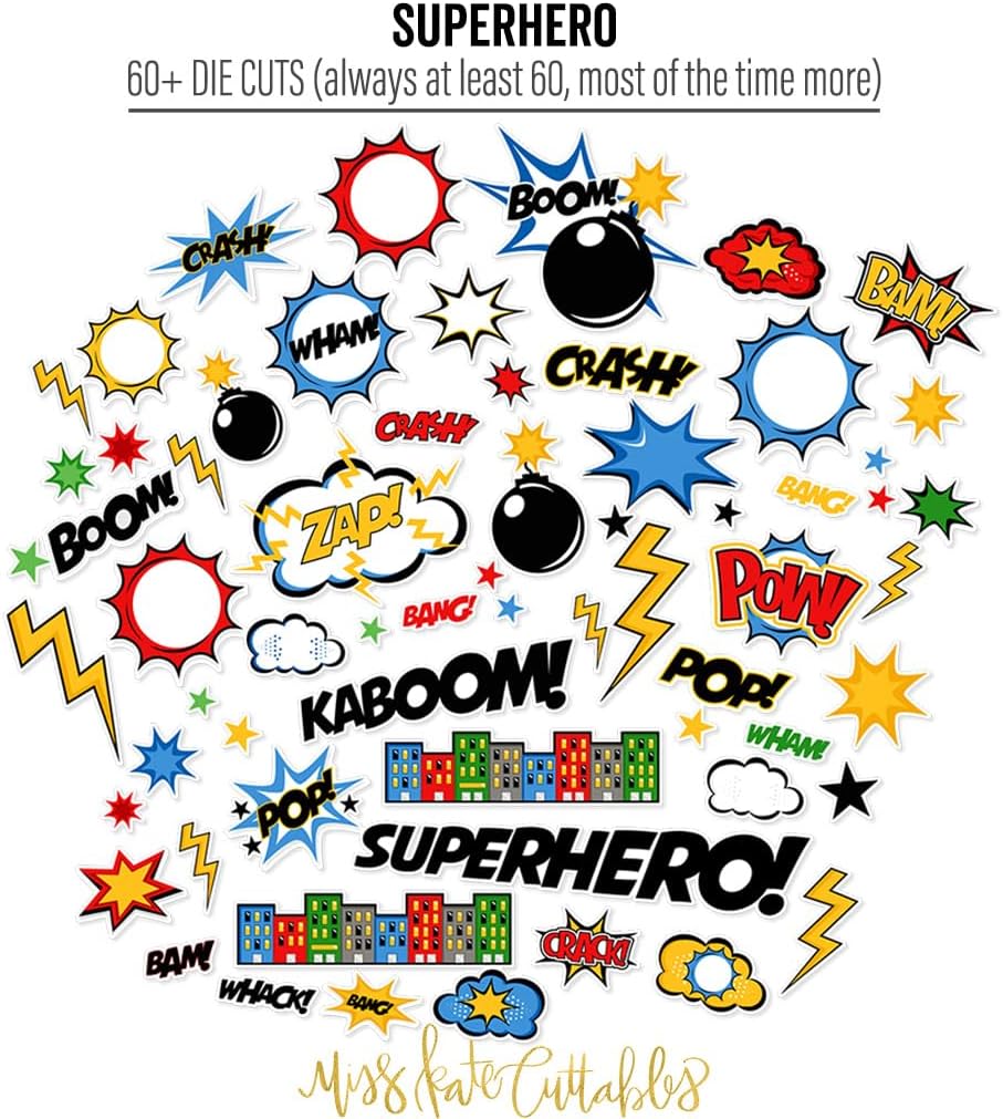 Die Cuts & Paper Set - Superhero - By Miss Kate Cuttables - 16 Single - Sided 12"x12" Premium Vellum Paper Sheets & OVER 60 Coordinating Die Cuts