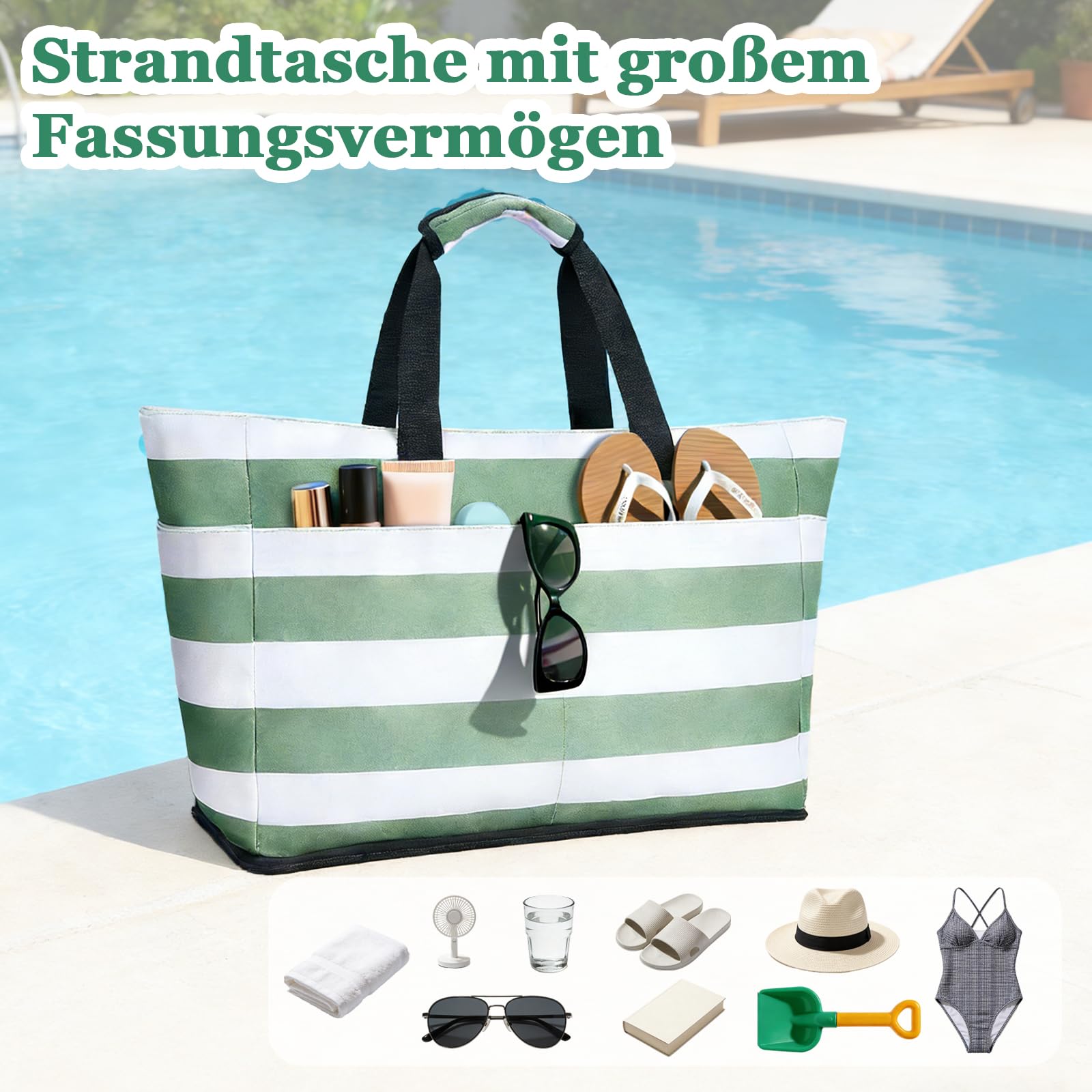 Sac de Plage XXL, 50 x 29 x49cm Sac Fourre Tout Sacs de Plage, Main Bandoulière Pliable Voyage, Multi Poches Pliable Cabas Plage, Grand Sacs de Plage Femme avec Démontable Sac Isotherme
