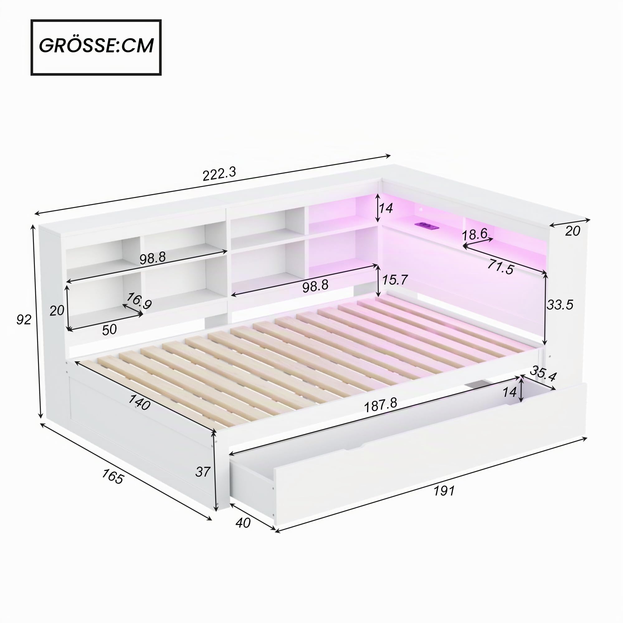 Kehun Doppelbet Sofabett 140x200 cm mit LED und USB Port, Schlafsofa Tagesbett mit Stauraum Schubladen und Ablagefach Kopfteil, Holzbett Bett mit Lattenrost aus Holz, Weiß, Ohne Matratze