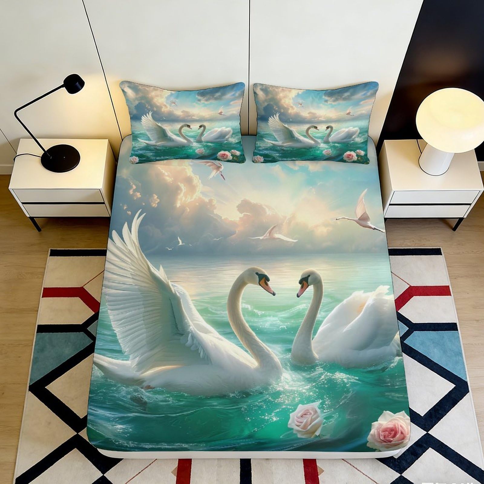 3D Printed Swan Lake Fitted Sheet Microfiber Soft Breathable Romantic Swans Bed Cover for Bedroom Dormitory Guest Room Mattress Protection Decor 200x200x25cm