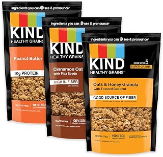 KIND Healthy Grains Granola Variety Pack: Peanut Butter, Cinnamon Oat, Honey Oats - Gluten Free, 100% Whole Grains, 5-10g Protein, 3x11oz Bags