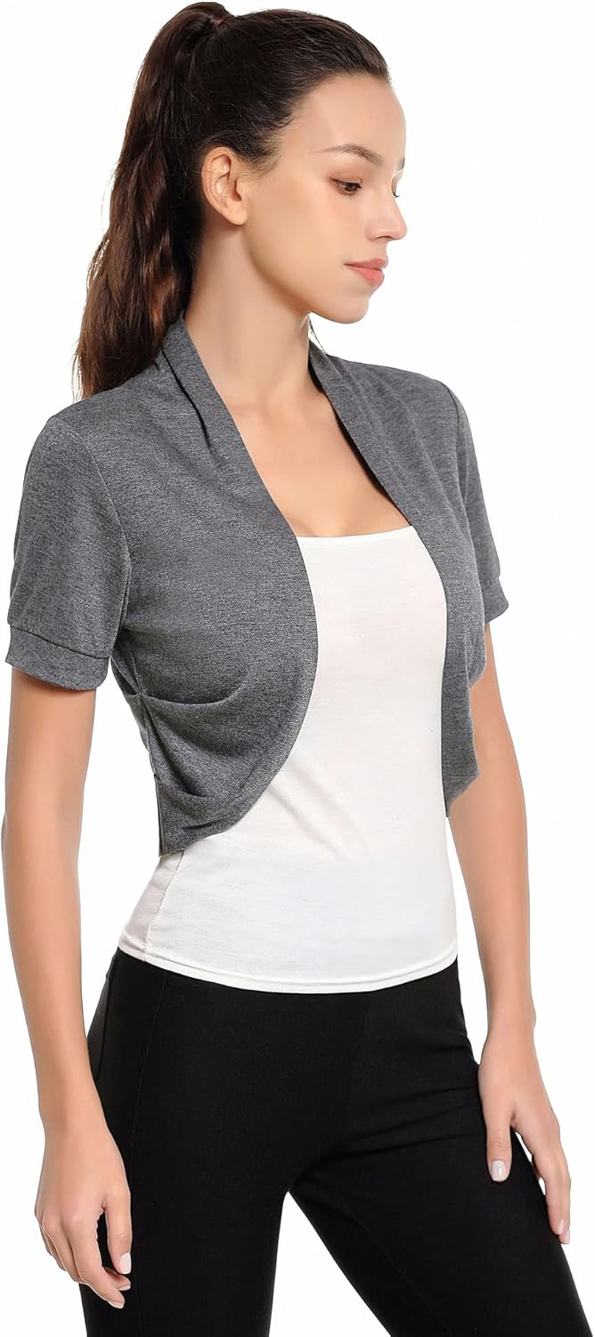 AmélieBoutik Women Short Sleeve Bolero Shrug Open Front Pleated Sides Cropped Cardigan for Dress Casual - Image 5