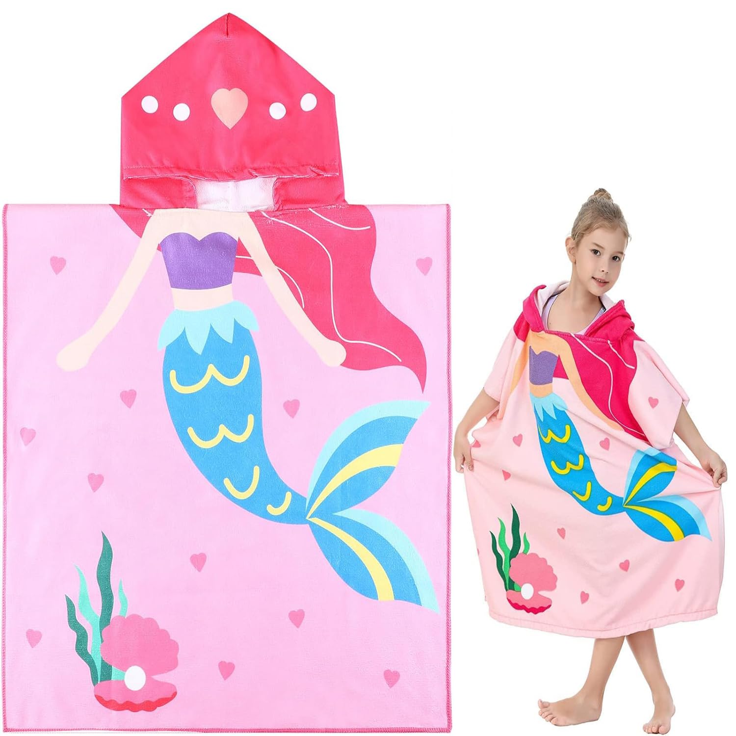 [Upgraded] Plus Size Kids Bath Towel for 5-12 Years Toddler, Microfiber Bath Towel Super Soft, Robe Poncho Bathrobe,Boys and Girls Hooded Towels Bath Robe for Kids(Suitable height: 110-155cm), Pink,