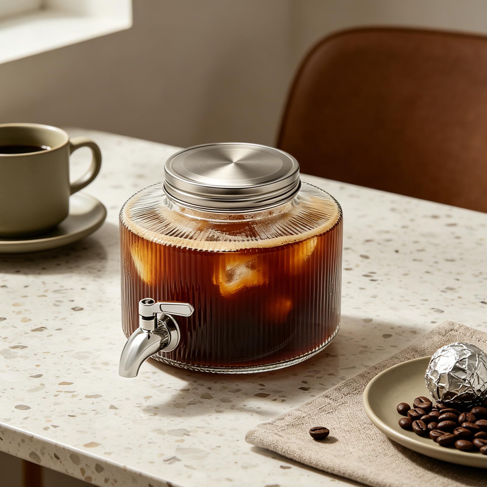 Dispenser di bevande in vetro da 2,5 l con rubinetto in acciaio inox, adatto per frigorifero, erogatore di acqua con rubinetto per limonata, tè freddo sangria, contenitore in vetro con coperchio