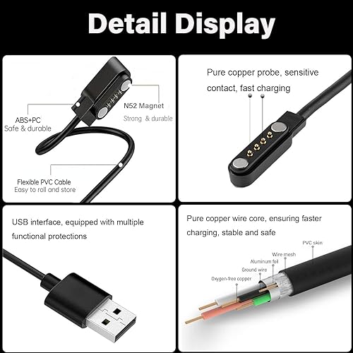 Miniatura 4 de Paquete de 2 cables de carga magnéticos de 4 pines para Sedzofan Y16B Kids Smart Watch Charger Cable de carga USB