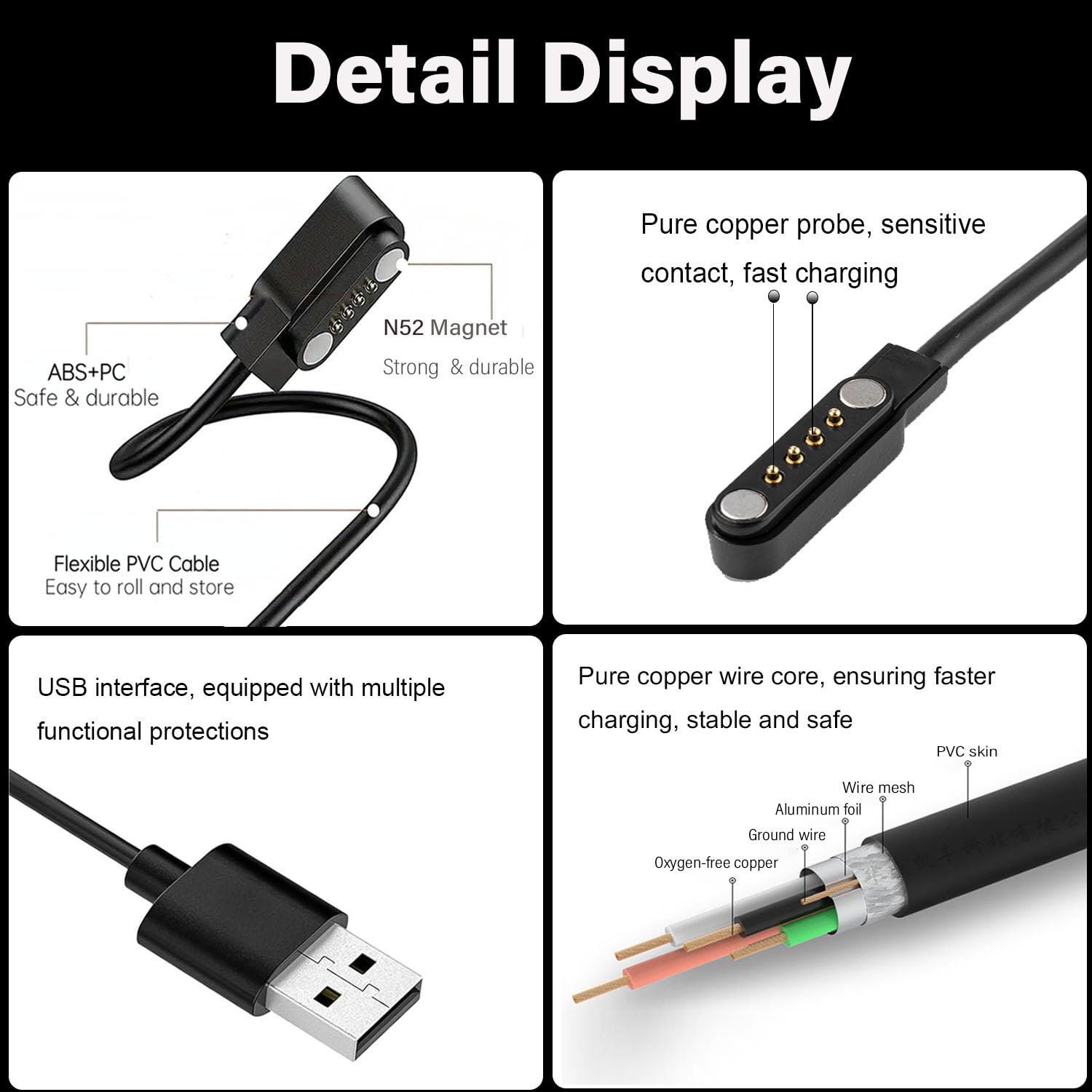 2er-Pack 4-poliges magnetisches Ladekabel für Sedzofan Y16B Kinder-Smartwatch-Ladegerät, USB-Ladekabel