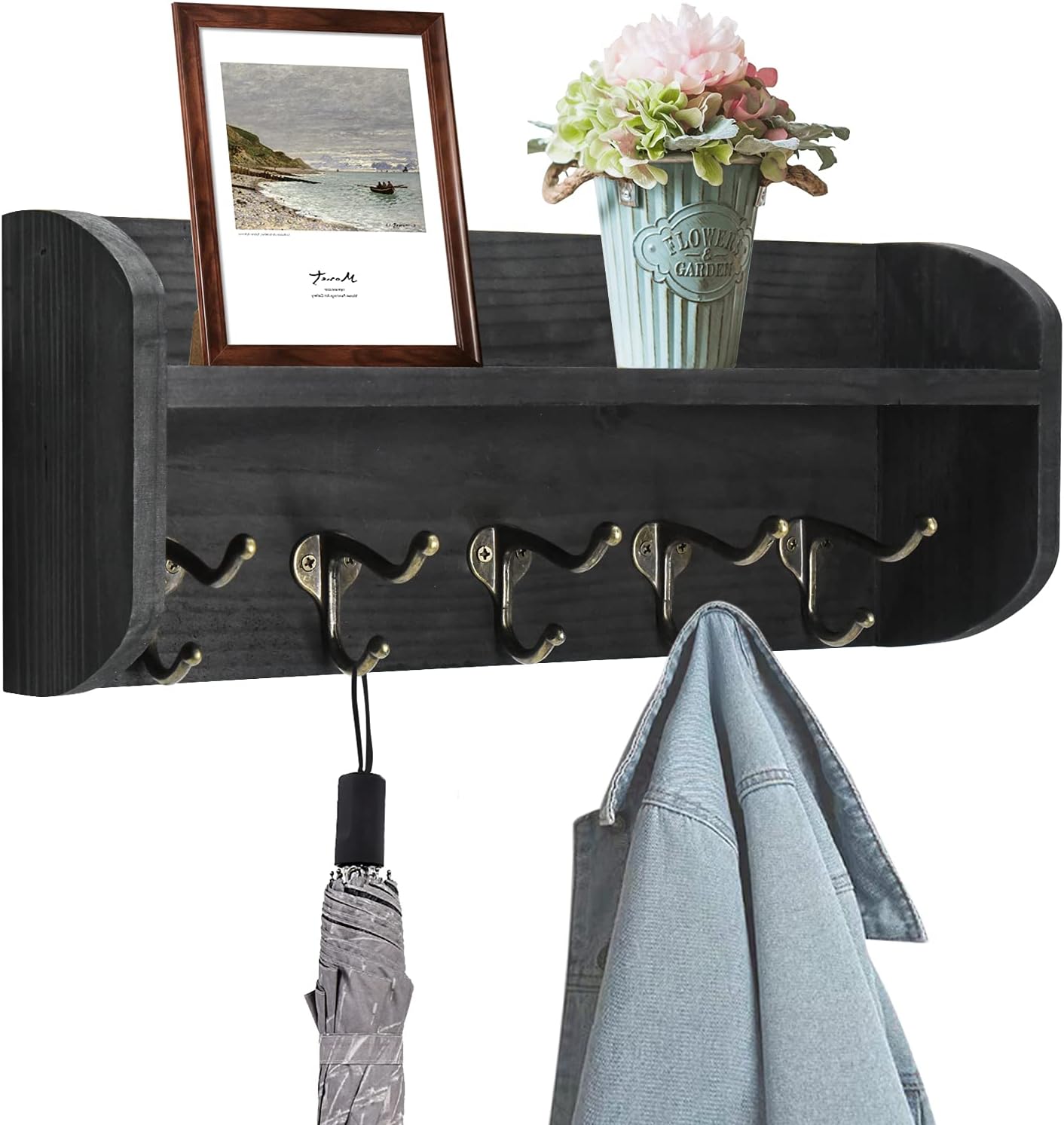 Coat Hooks with Shelf WallMounted, Rustic Wood Entryway