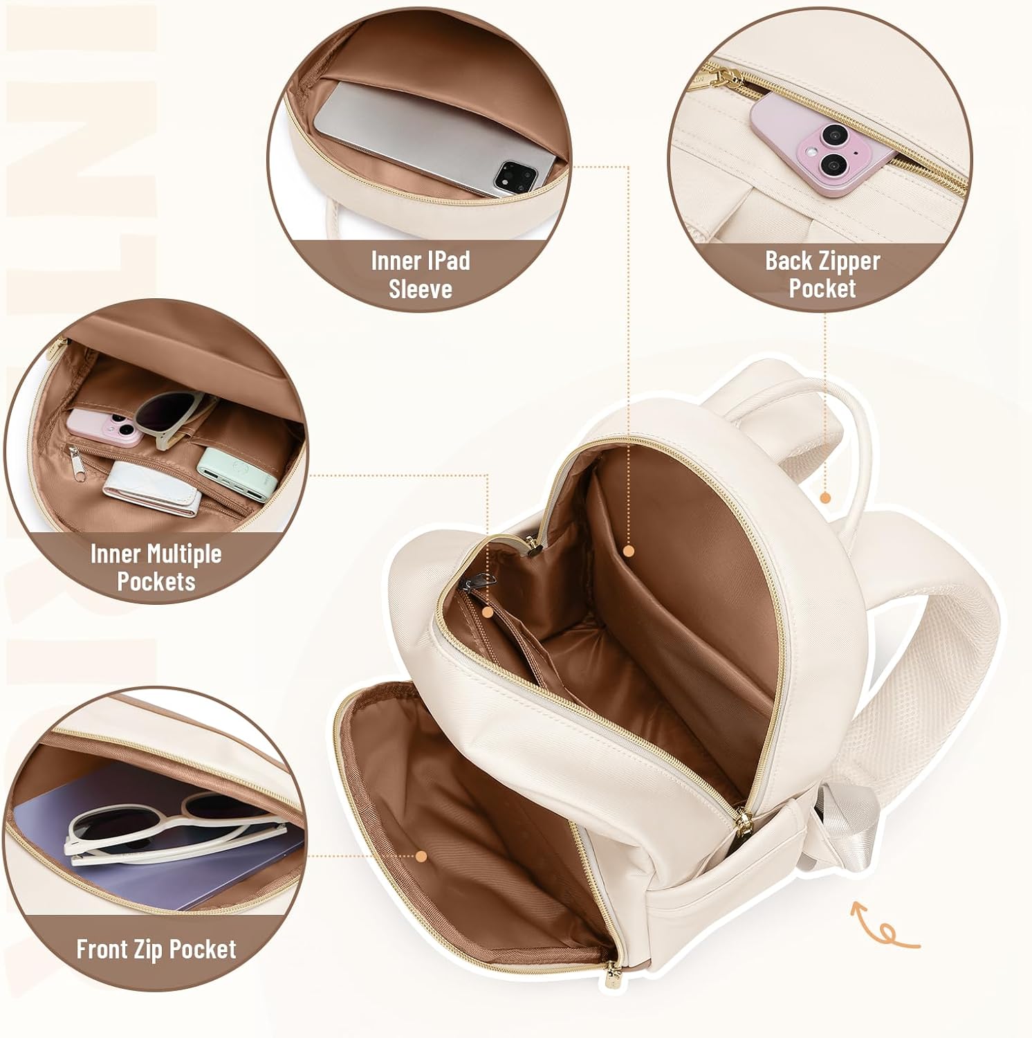 Small Backpack for Women Lightweight Stylish Mini Backpack Daypack Purses Cute Bookbag for Casual College Travel Daily,fit 10.9Inch iPad,Beige - Image 4