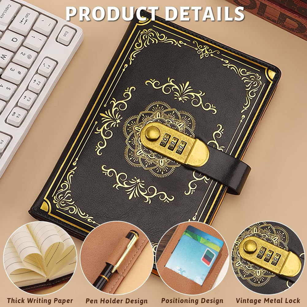 AMFUN Journal with Lock, A5 Diary with Lock, Password Notebook, 200 Pages with Pen and Gift Box Set, PU Leather Diary for Men and Women, 8.65.8 in - Patterned - Image 3