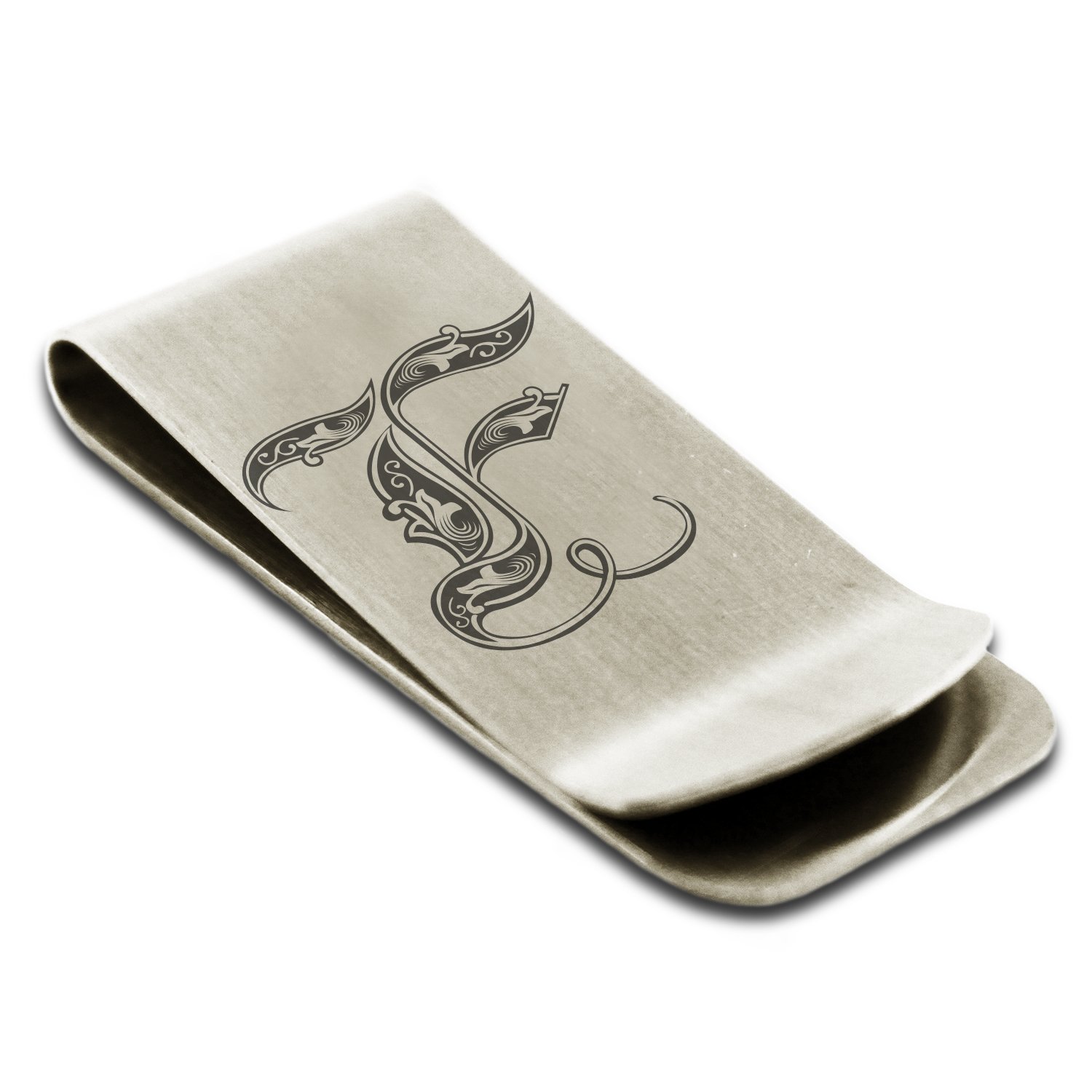Tioneer Stainless Steel Letter F Initial Royal Monogram Engraved Money Clip Credit Card Holder