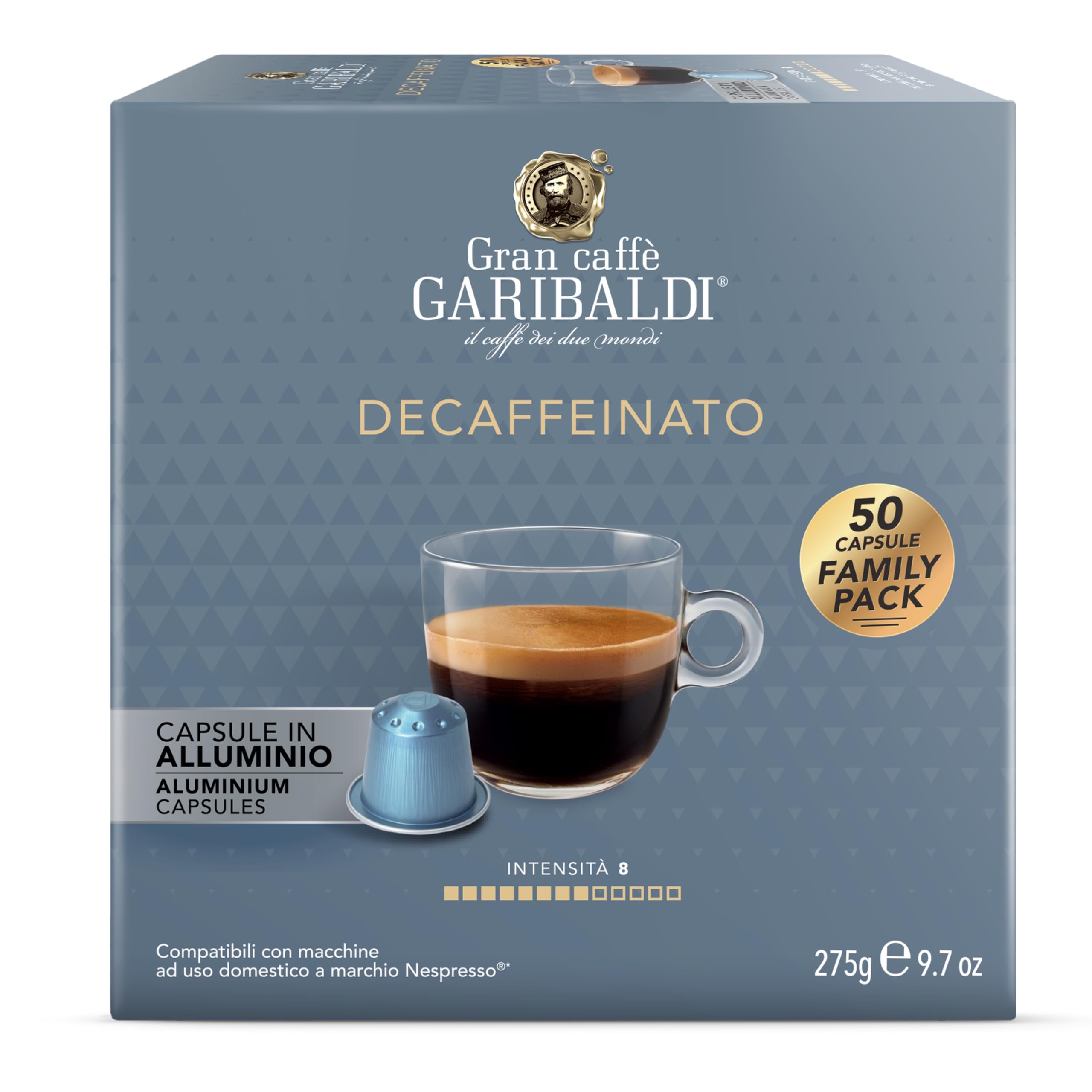 Gran Caffè Garibaldi Decaffeinated Espresso Pods, Italian Roast Coffee, Decaf Capsules Compatible with Nespresso Original Line Machines, Nitrogen Flushed, Intense & Rich Aroma - Decaffeinato (Aluminum) 50 Cups