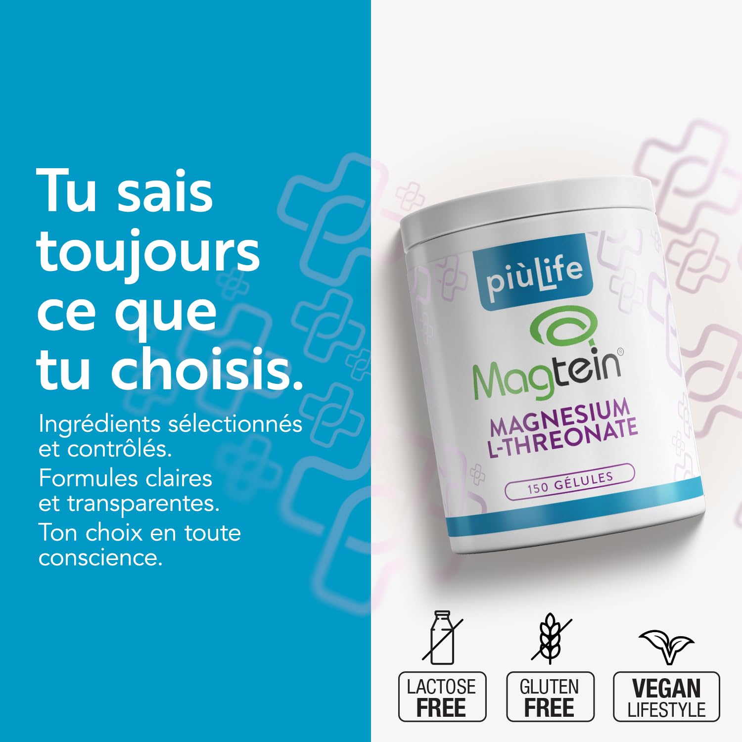 Magnesium Threonate Magtein, 2000 mg PiùLife – 300 Gélules | 164 mg de Élémentaire, Complément pour Mémoire et Concentration, Sans Gluten et Sans Lactose, Vegan