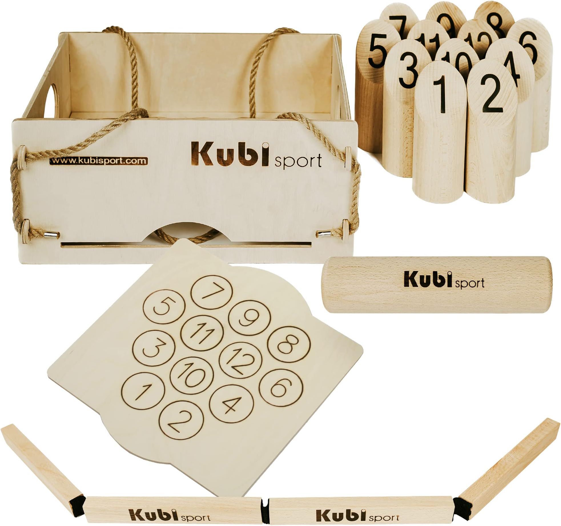 KUBI SPORT - Finnish skittles maxi in a box – Number Kubb – Wooden skittles with a throwing line – Family outdoor skill game – Throwing game