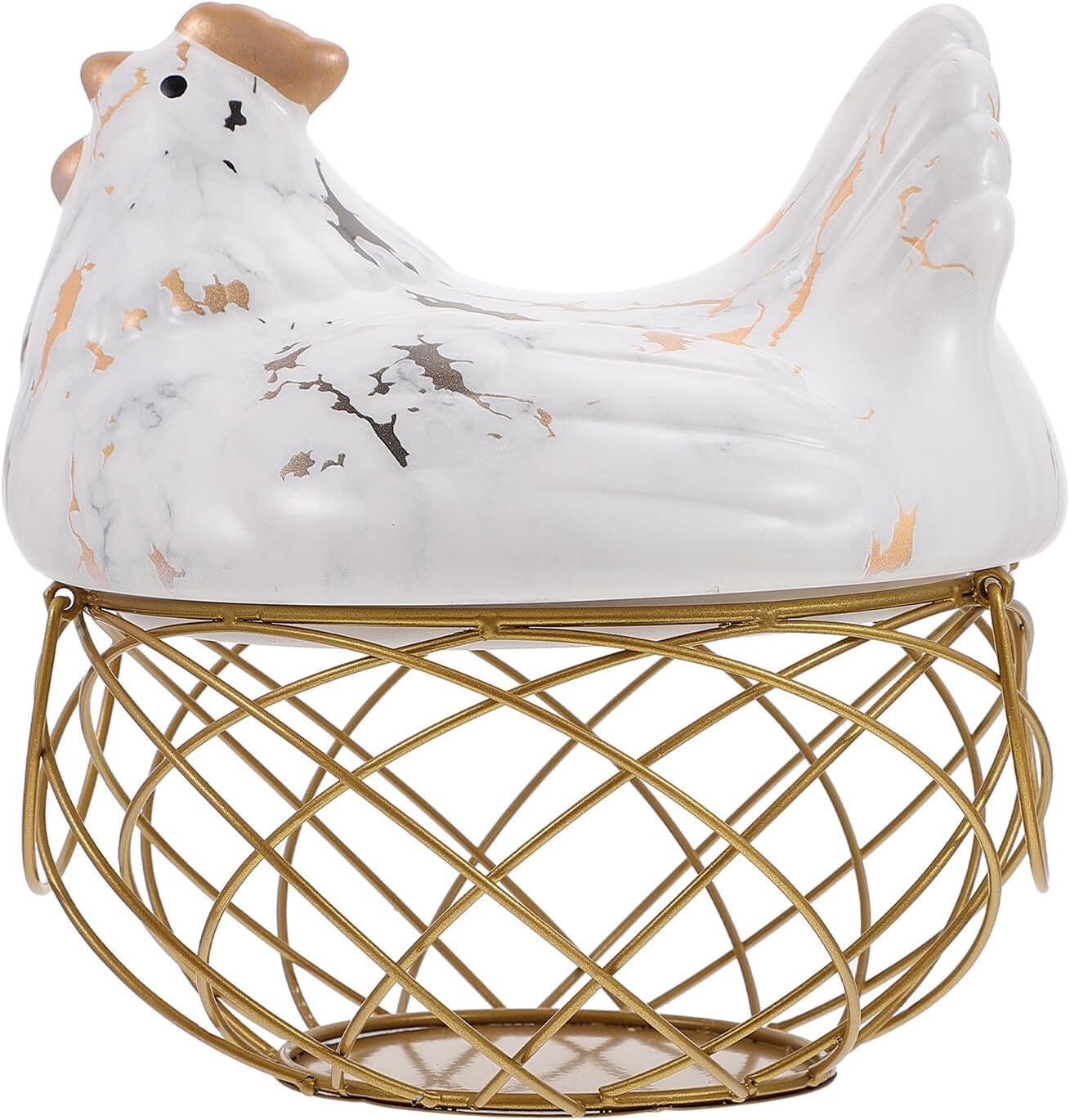 Hen Iron Egg Storage Basket with White and Gold Wire Frame, Kitchen Egg Holder and Fruit Organizer for Refrigerator and Countertop Storage