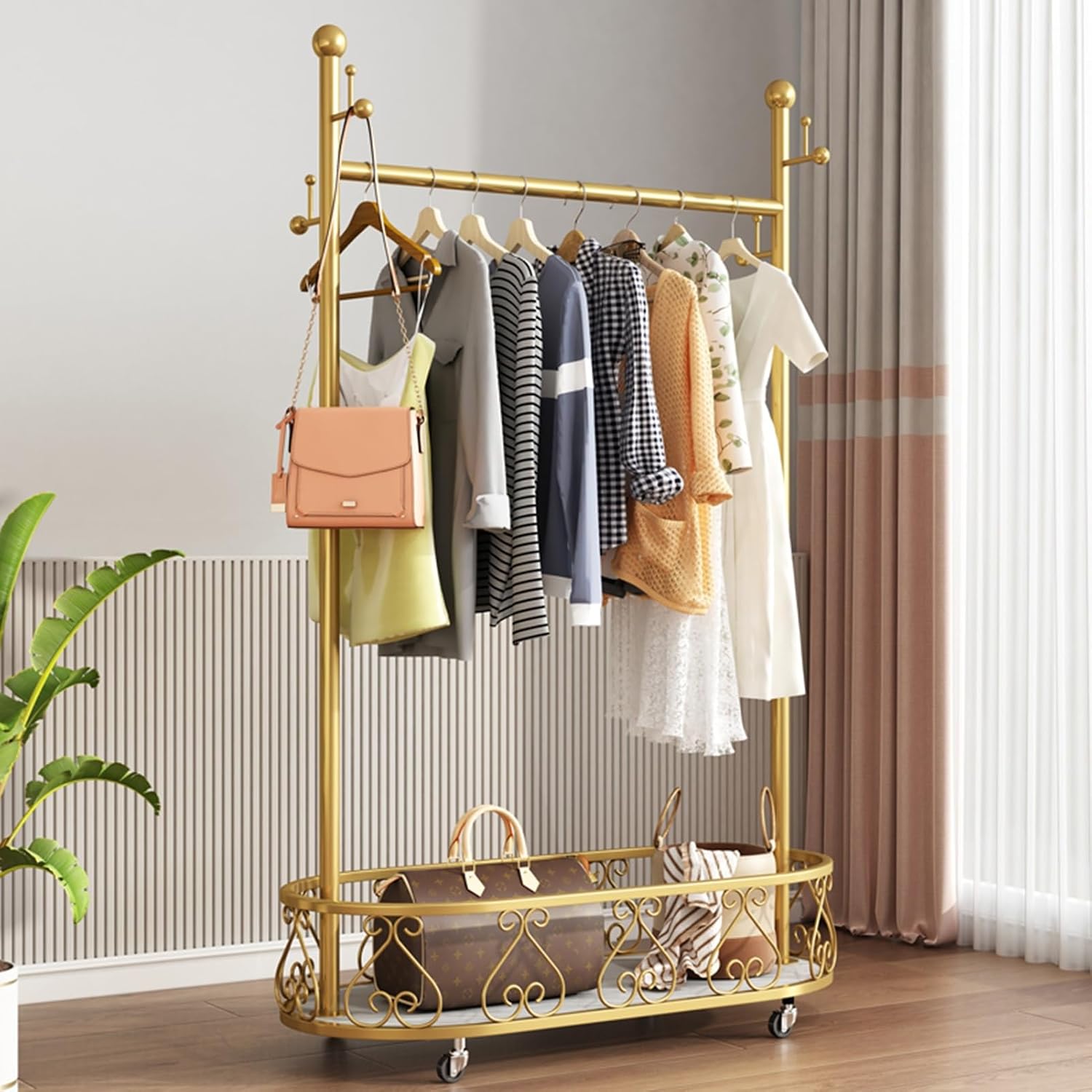 Sturdy Portable Clothes Rack with Dense Mesh Shelf - Versatile Clothing Organizer & Merchandise Display Rack (Gold, 80cm/31.5in) for Efficient Storage & Easy Access