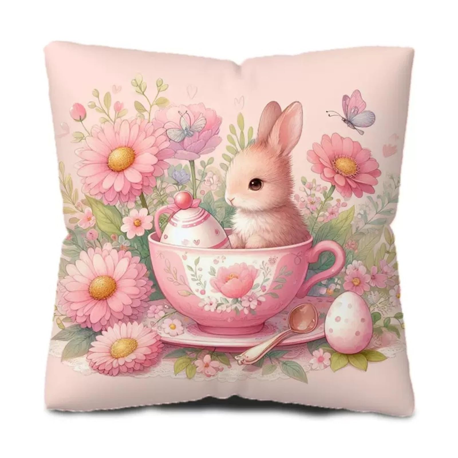 Cushion Covers 60cm x 60cm Butterfly Pink Flower Garden Cushions Soft Fabric Pillow Case Short Plush Outdoor Cushion Covers for Car Office Throw Pillow with Invisible Zipper