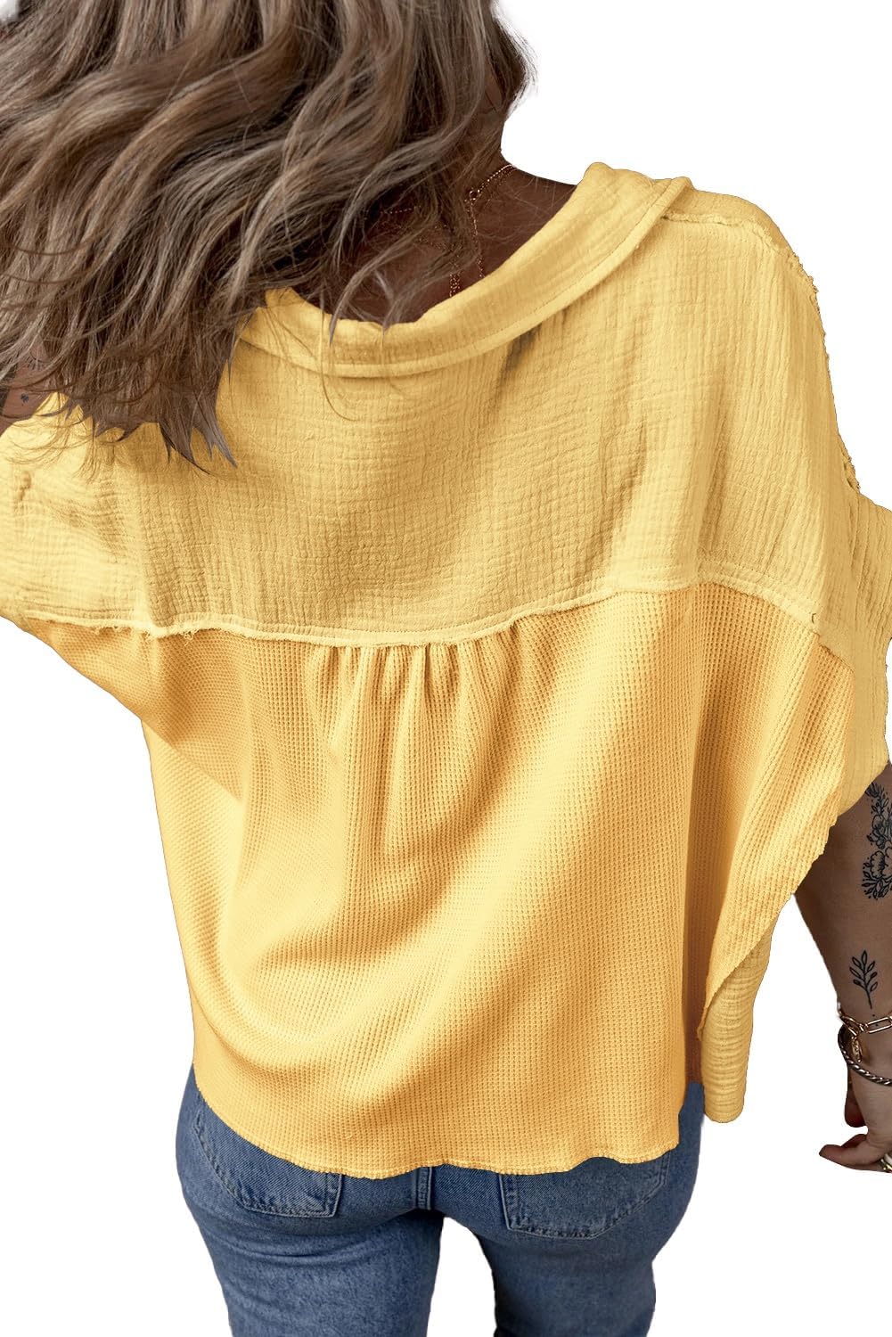 Women's Collared Button Down Shirts Casual Cap Sleeve Waffle Blouses Tops - Image 4