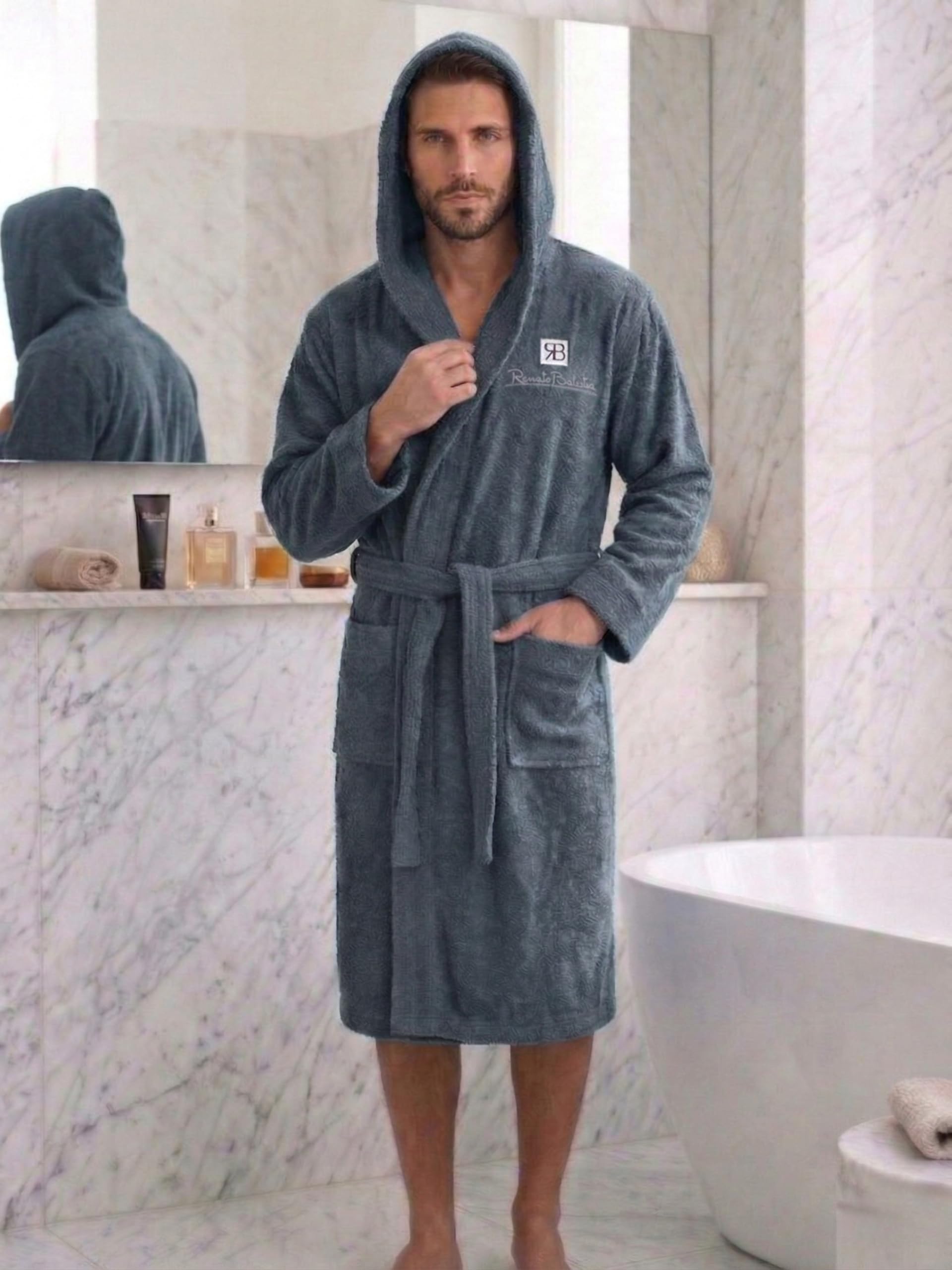 Renato Balestra Albornoz de rizo con capucha, bolsillos y cinturón, algodón M-XXL