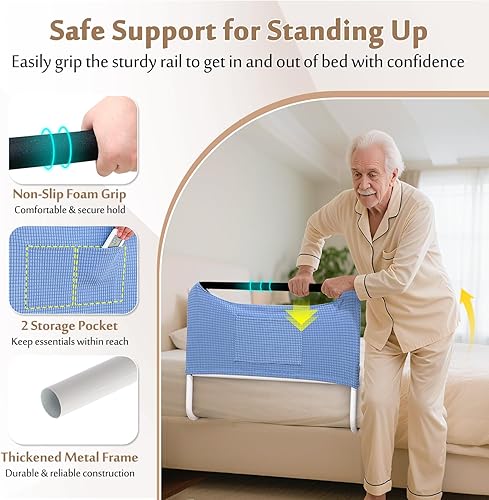 Miniatura 6 de Barandilla de cama doble para cama King, bastón de asistencia, barandilla de seguridad médica, riel debajo del colchón, barandilla de cama ajustable