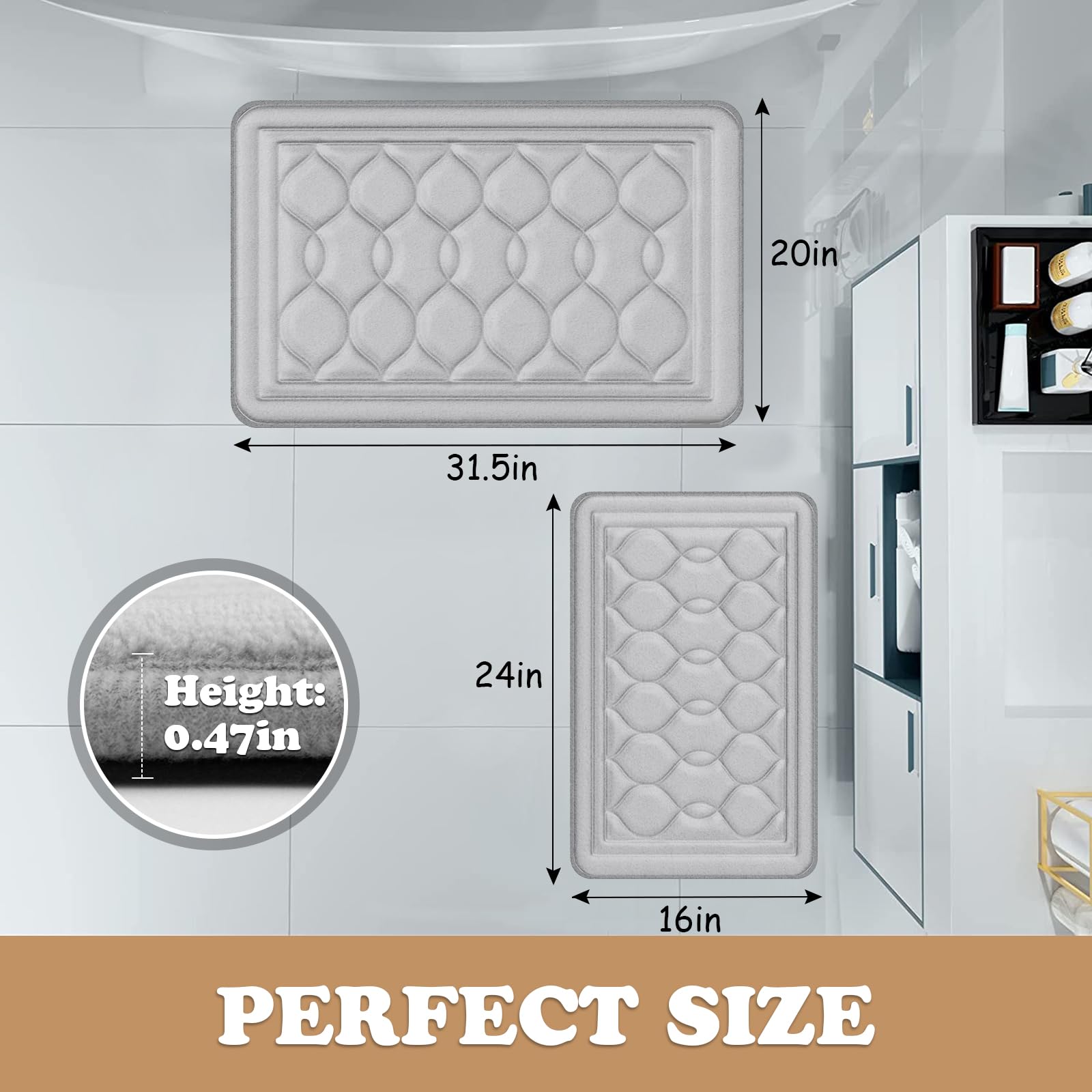 Juego de alfombras de baño de espuma viscoelástica, 2 piezas, ultra suaves, grises, antideslizantes, absorbentes de agua, lavables a máquina, de secado rápido, alfombras de baño para baño, bañera,