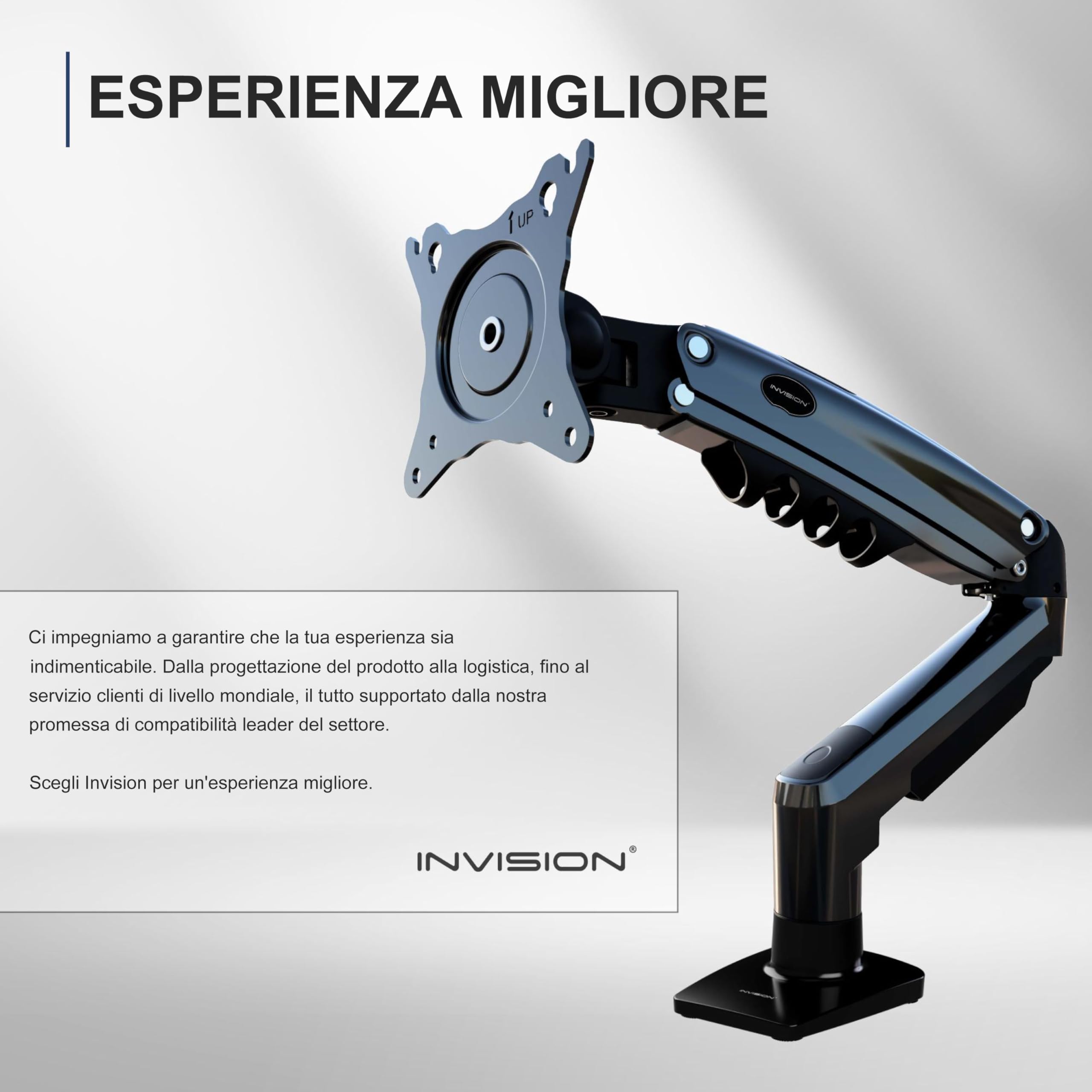 Invision Braccio Monitor Supporto Schermi 19-32 pollici, VESA 75/100mm, Morsetto Scrivania, Regolazione Dell'altezza con Inclinazione, Girevole e Ruota, Capacità di Carico 2-9kg MX200 Braccio Singolo