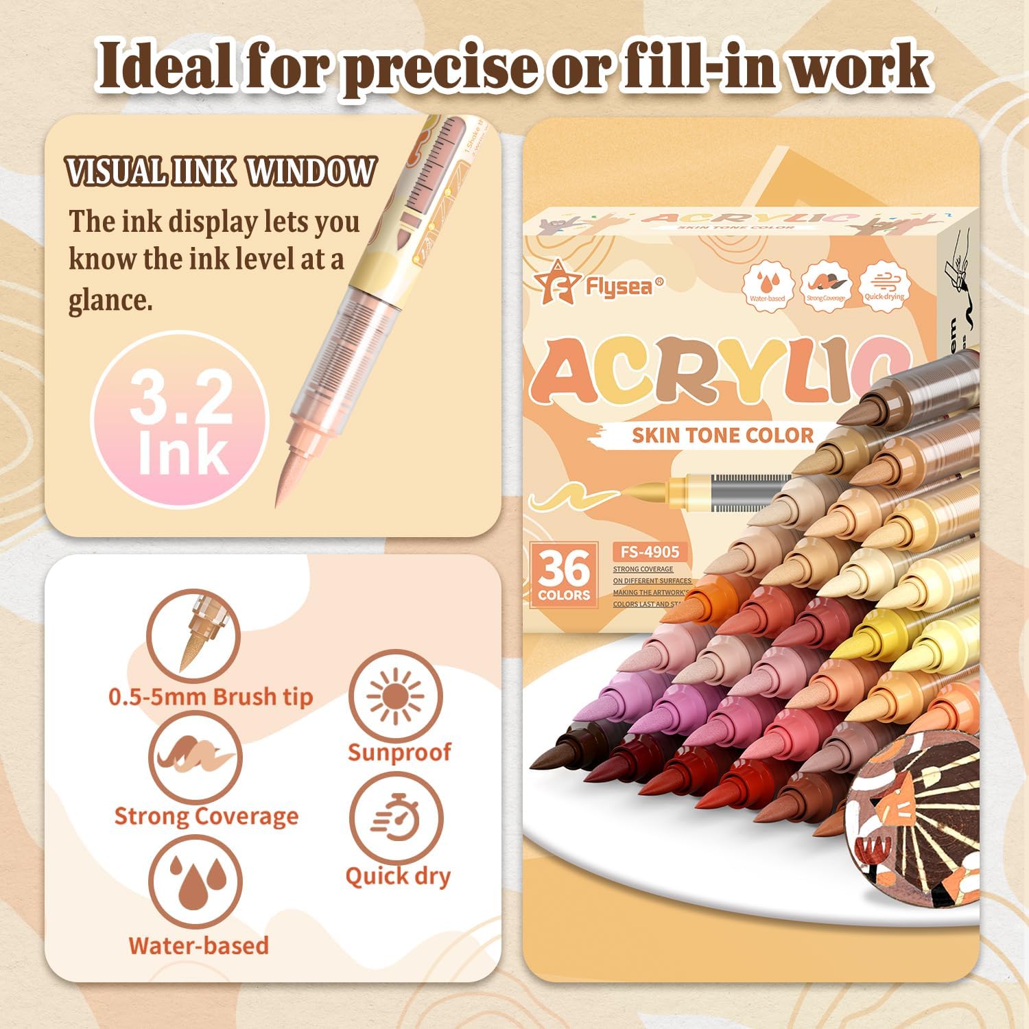 36 Skin Stone Acrylic Paint Pens Waterproof Quick-drying Acrylic Paint Markers Soft Brush Tip Marker Pen with Ink Visual Window for Rock Painting Wood Ceramic Glass Egg