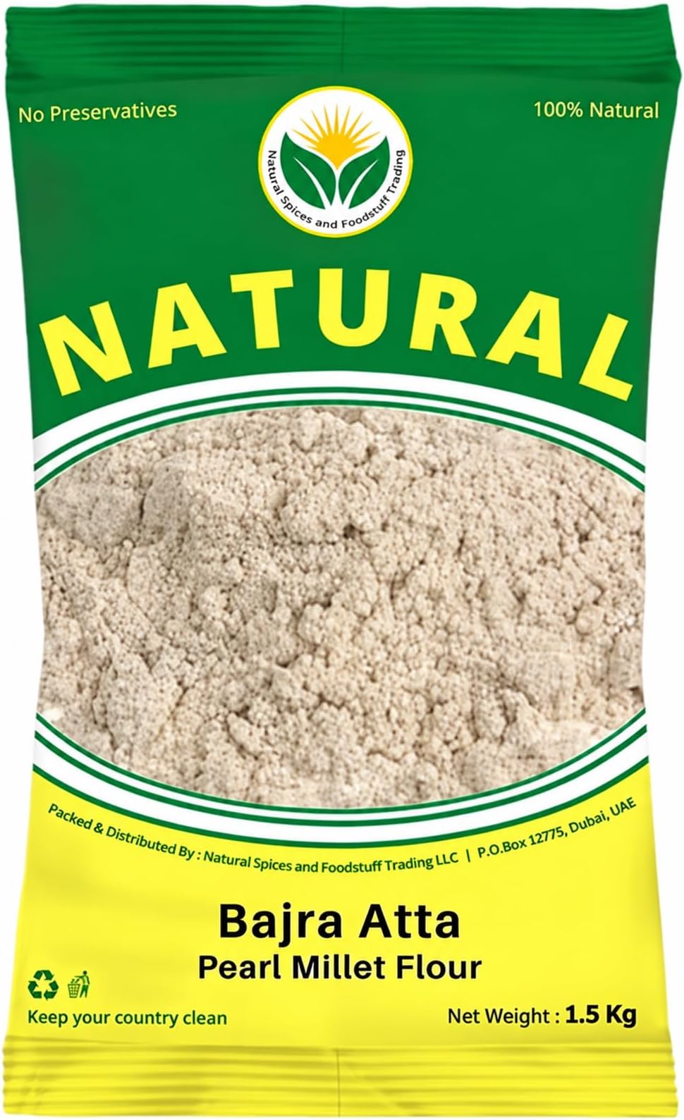 Natural Bajra Atta 1.5Kg (Pearl Millet Flour) โ 100% Pure Fresh, Stone Ground, Gluten Free, Rich in Fiber | UAE