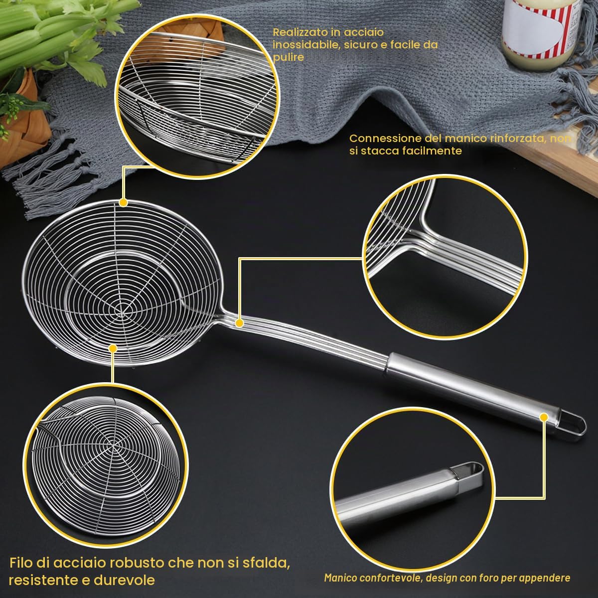 Mestolo per ragnatela in acciaio inox, colino per friggere, colino in acciaio inox, colino in schiuma, setaccio, stufatura e creazione. Diametro (14 cm e spatola per schiuma)