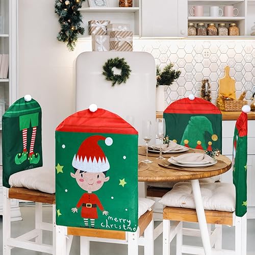 Miniatura 6 de 6 piezas de fundas navideñas para silla trasera, patas de sombrero de elfo y lindo elfo de fieltro para banquetes de Navidad, hogar, cocina,