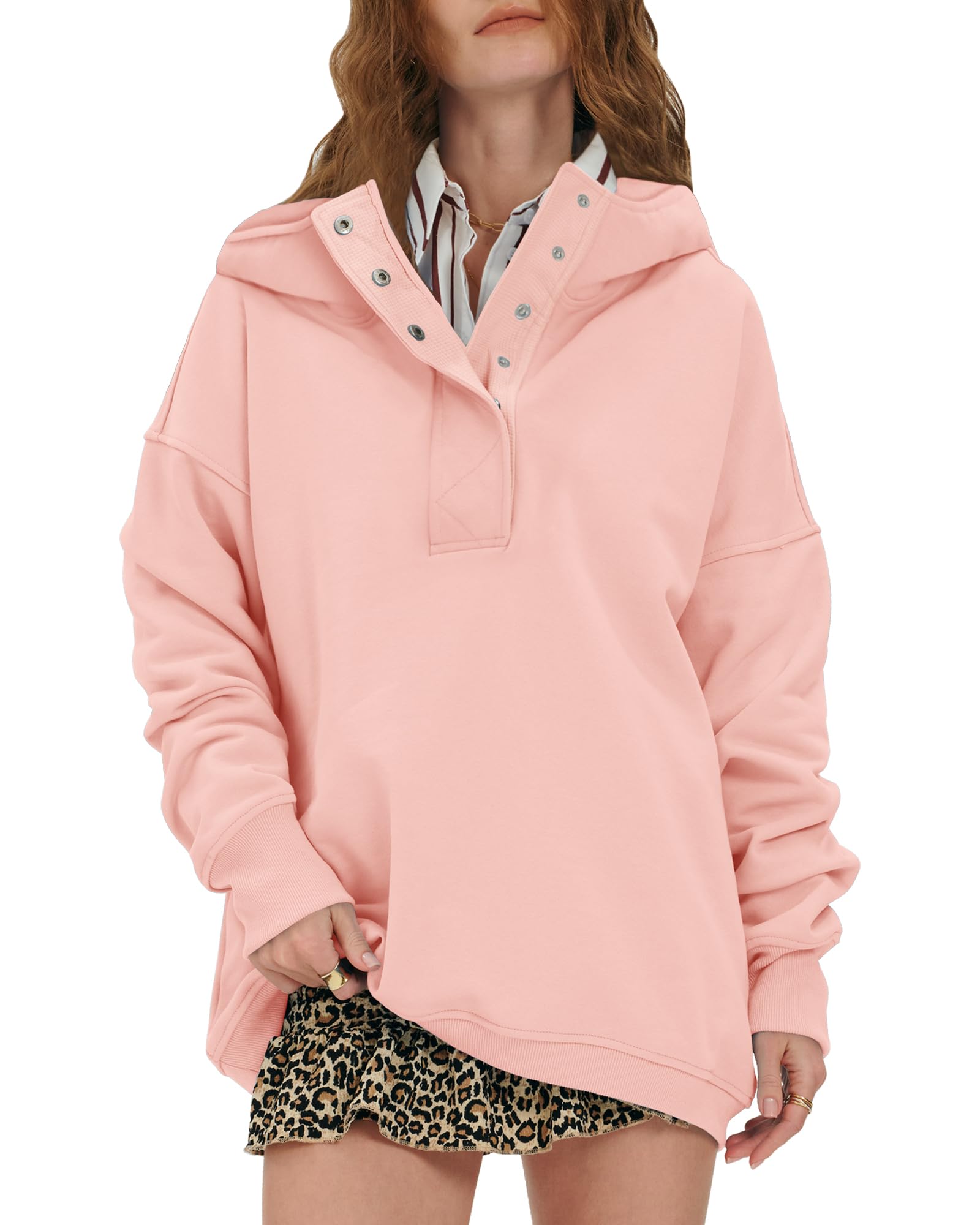 Womens Oversized Hoodies Fleece Sweatshirts Button Henley Neck Pullover Tops Fashion Outfits Fall Winter Clothes