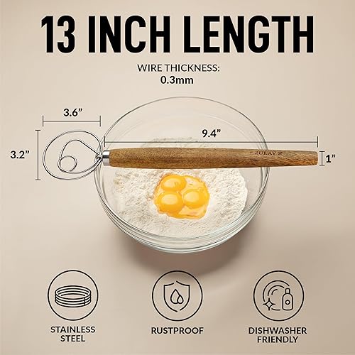 Miniatura 2 de Zulay Kitchen Batidor de masa danesa de 13 pulgadas, batidor danés de madera grande para masa con anillo de acero inoxidable, herramienta