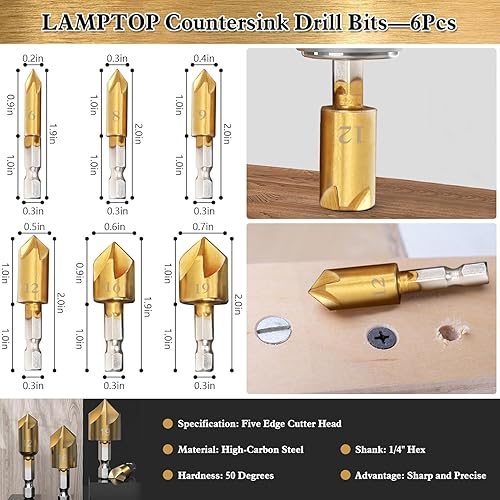 Miniatura 2 de LAMPTOP Paquete de 26 herramientas y accesorios para carpintería, incluyendo brocas avellanadoras, broca avellanadora de 3 puntas con llave en L,