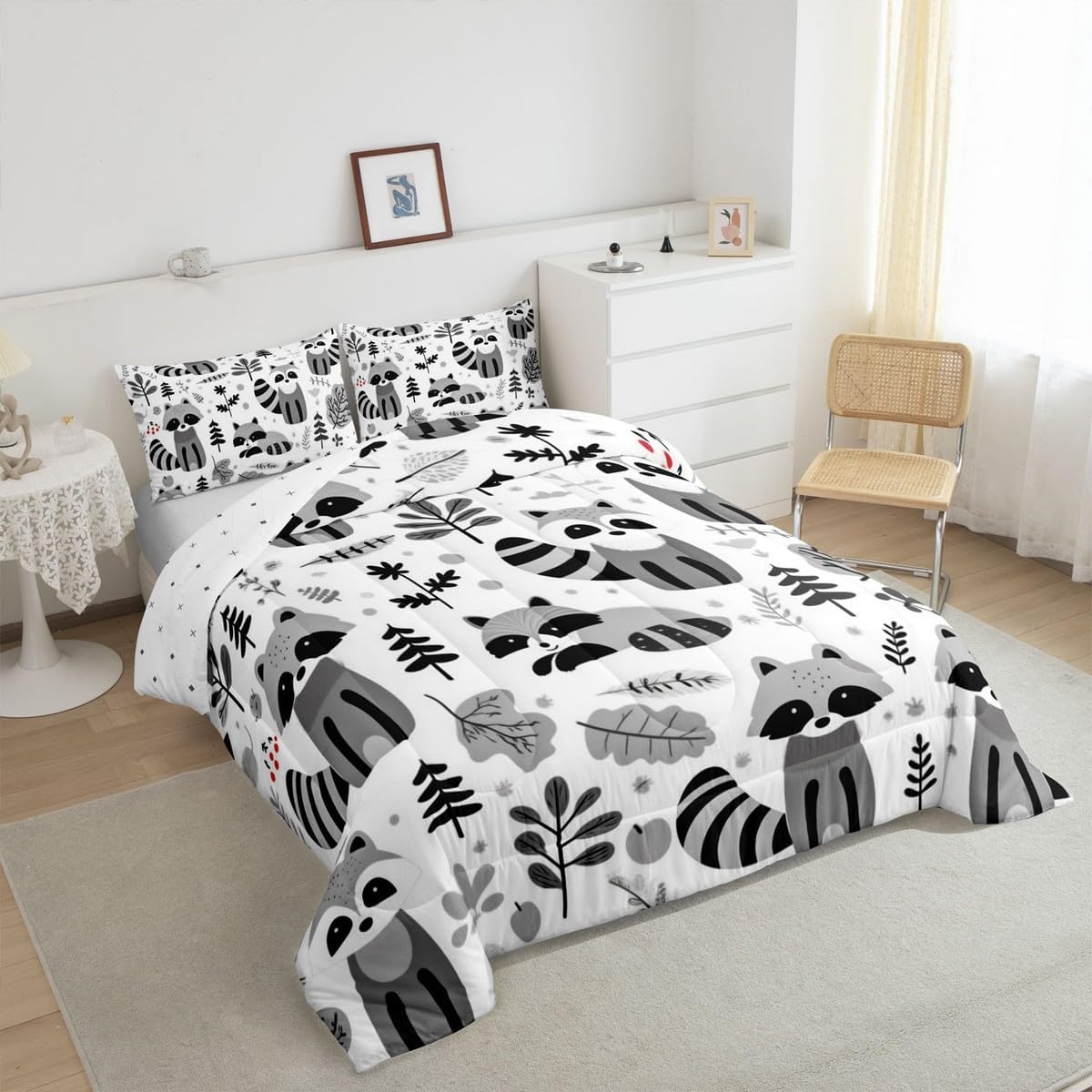 jejeloiu Cute Raccoon Bedding Set, for Kids Boys Girls Adults,Full Size, Raccoon Gift Bedding Set, Ultra Soft Boho Leaves Comforter Woodland Animals,Duvet Set Room Decor Animals Quilt Set