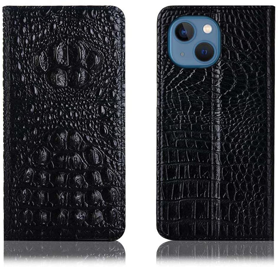 Coque iPhone 13 Mini portefeuille cuir crocodile noir de haute qualité