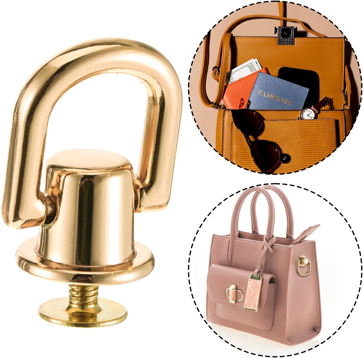 4 Pcs D Rings for Purse, Heavy Duty 360° Rotatable Metal Hardware, Stud Screw Ball Rivets with Punch Tool Screwdriver for Crossbody Conversion Kit DIY Handbag Leather Straps, Dog Collar (Light Gold)