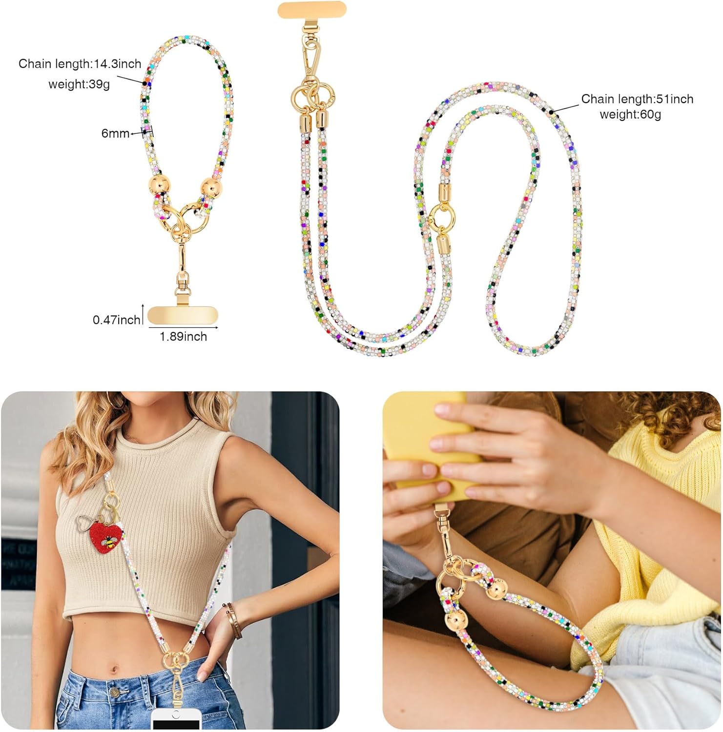 Crystal Phone Strap Crossbody and Wrist Lanyard, Anti Theft Layered & Wrist Strap Cell Phone Neck for Women - Image 4