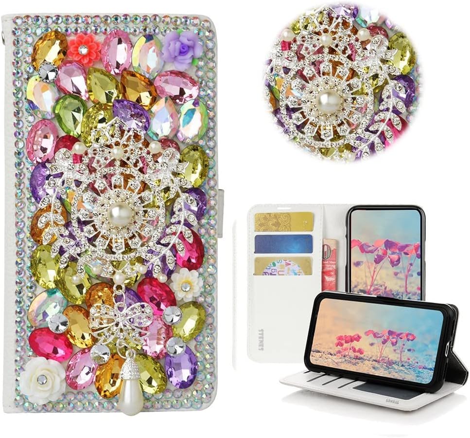 STENES Bling Wallet Phone Case Compatible with LG V40 ThinQ - Stylish - 3D Handmade Dreamcatcher Pearl Pendant Leather Cover with Neck Strap Lanyard [3 Pack] - Multicolor