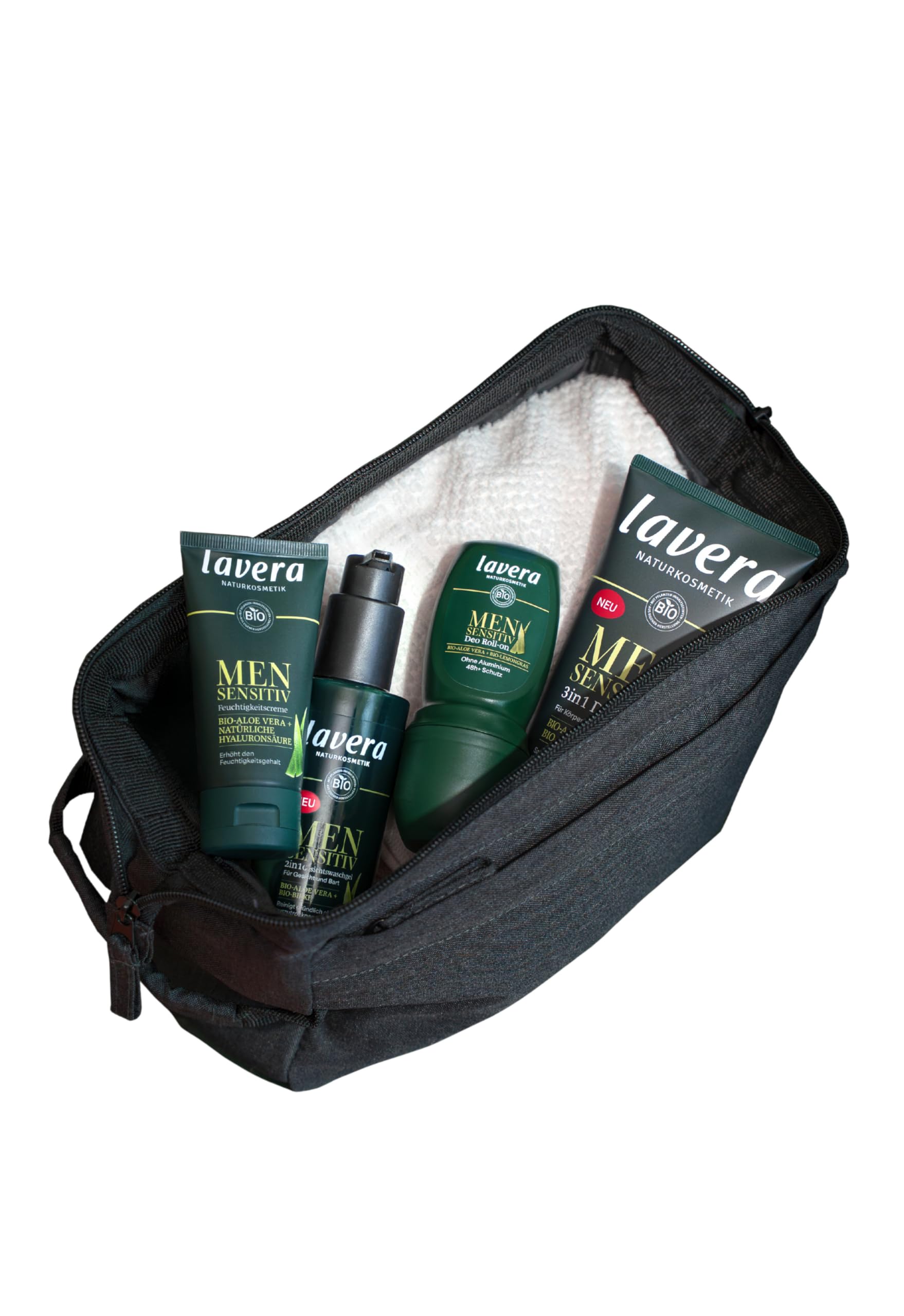 lavera Men sensitive 4in1 Pflege-Set + Kulturbeutel mit Duschgel, Creme & Deo in Kulturtasche, Zertifizierte Naturkosmetik für sensibler Haut