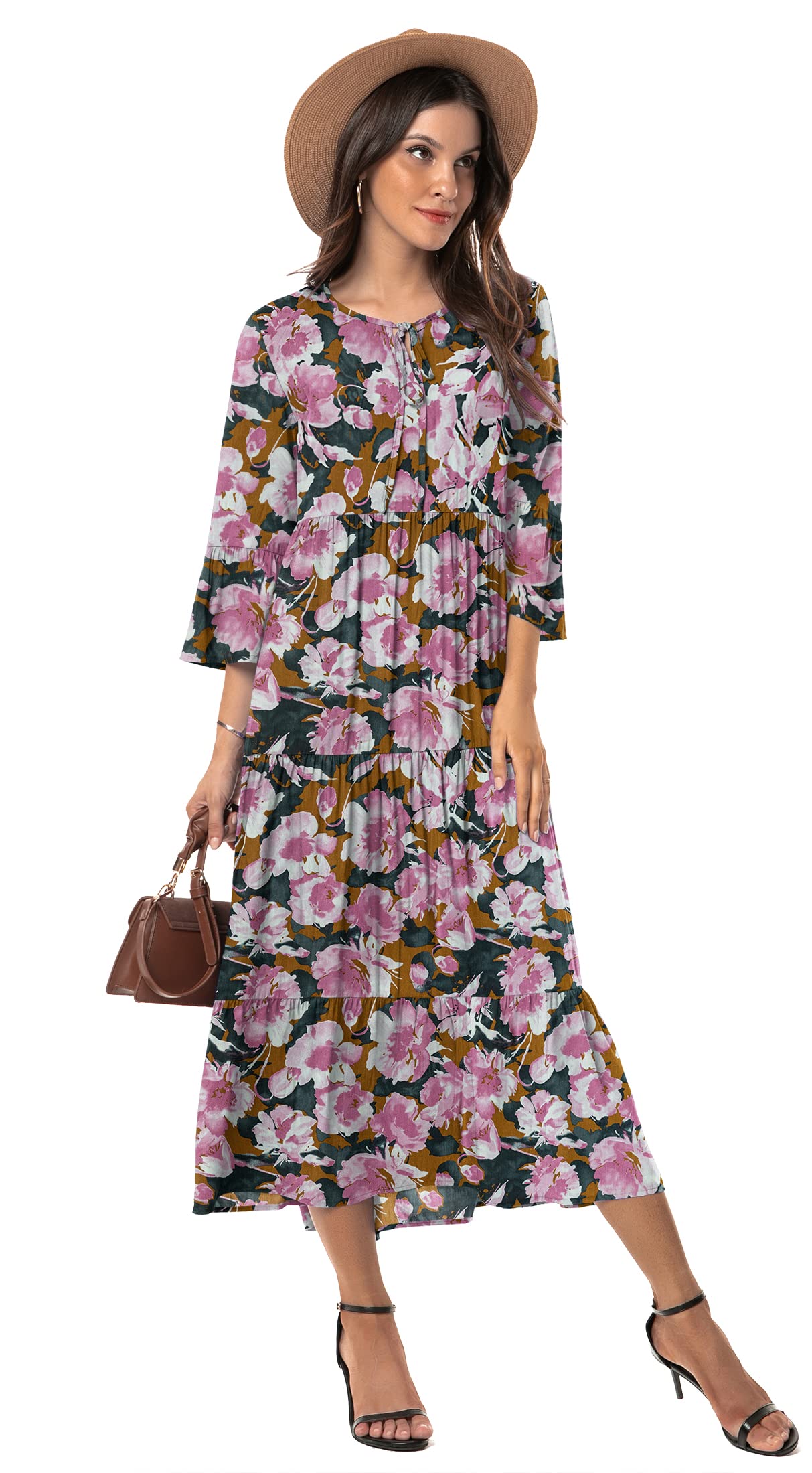 VIISHOW Womens 3/4 Sleeve Casual Bohemian Midi Dress