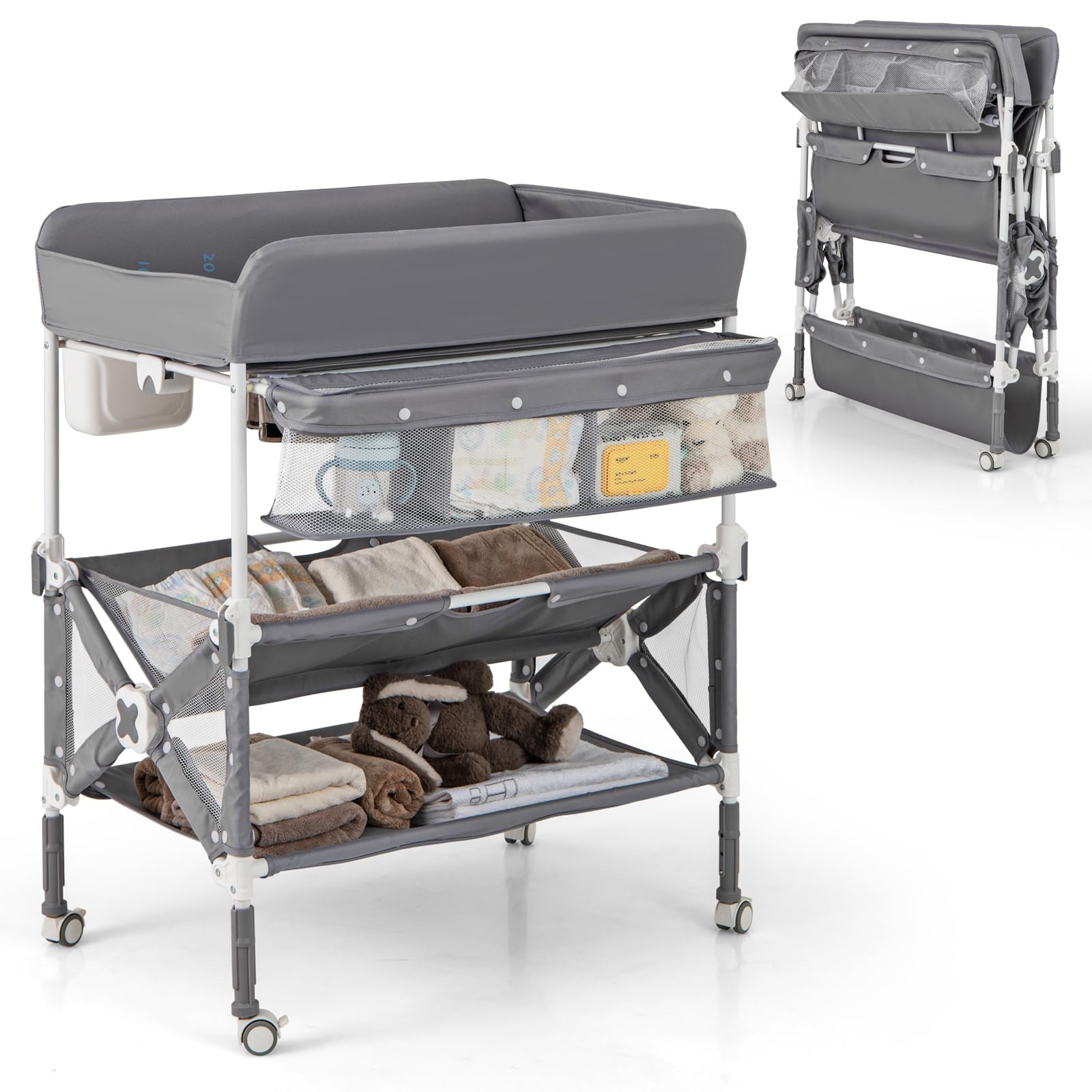 HONEY JOY Changing Table, Foldable Baby Mobile Nursery Organizer w/Wheels, Adjustable Heights, Storage Bag & Shelves, Waterproof Diaper Changing