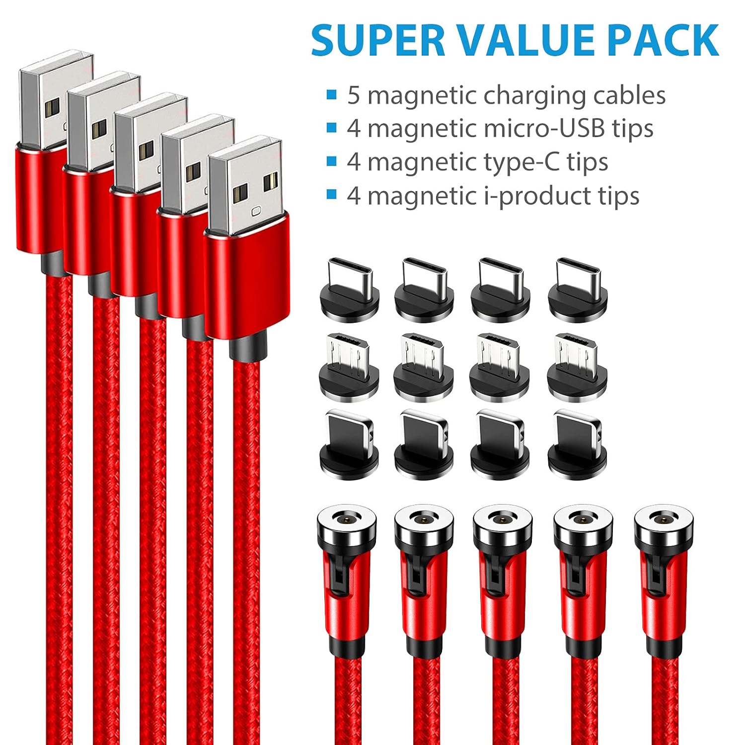 Terasako Magnetic Charging Cable 5-Pack (3/3/6/6/10FT) - 540° Rotating Magnetic Phone Charger Cable with LED Light - 90° Angle Connector, Nylon-Braided Cords (Red)