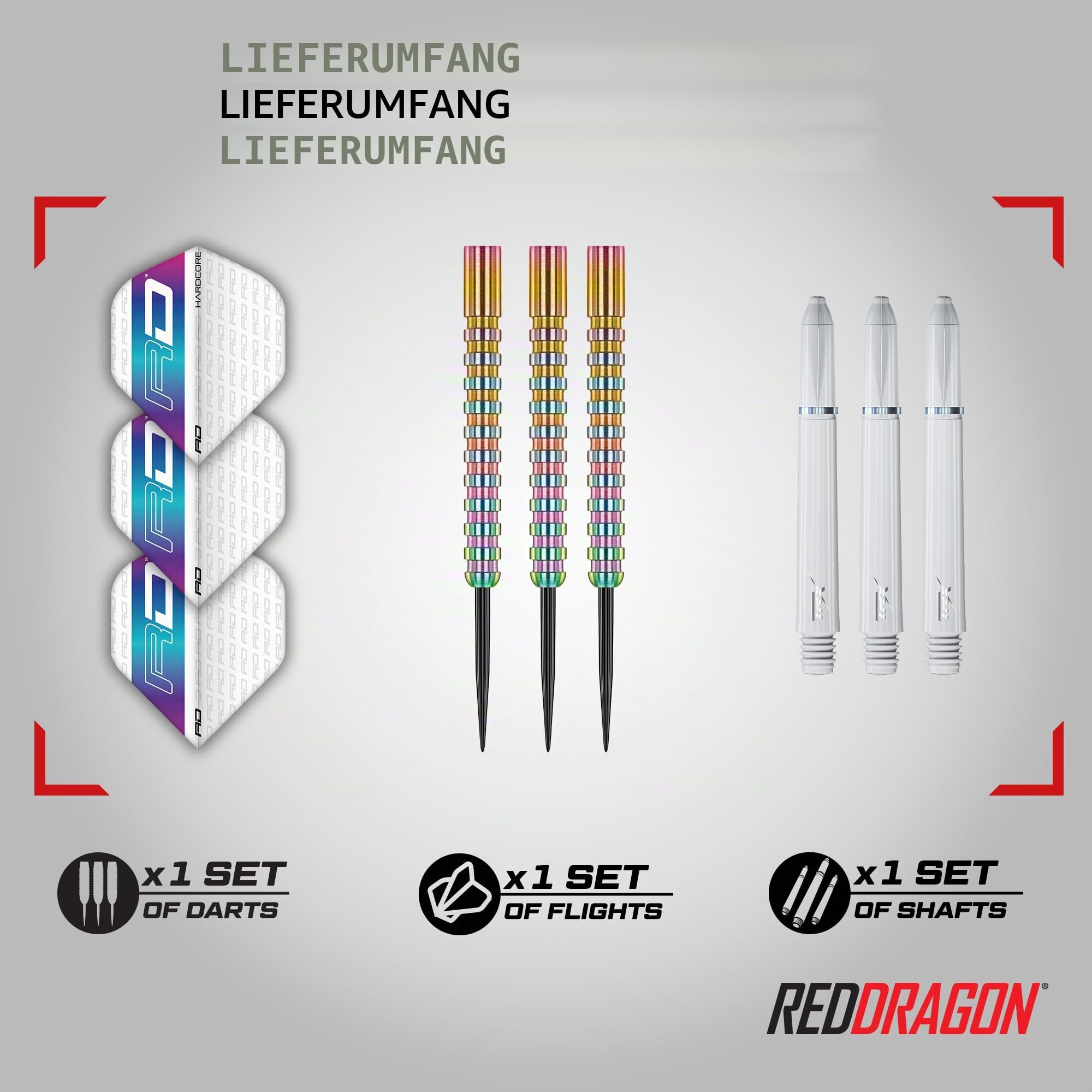 RED DRAGON Darts - Javelin Spectron - 85% Wolfram - Professionelles Dartpfeile Satz mit Flüge & Schäften - Erhältlich in Weiche Spitze 18g Fass/20g Volles Gewicht und Metallspitze 20g, 22g, 24g & 26g