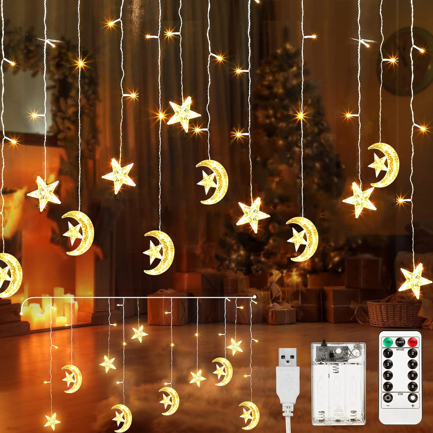 Aluusy Cortina de Luces Navidad 3,5M Estrellas Lunas Luces de Navidad Interior Exterior con Temporizador y Control Remoto, 8 Modos Luces Led Navidad para Decoración Ventana, Fiesta, Balcón