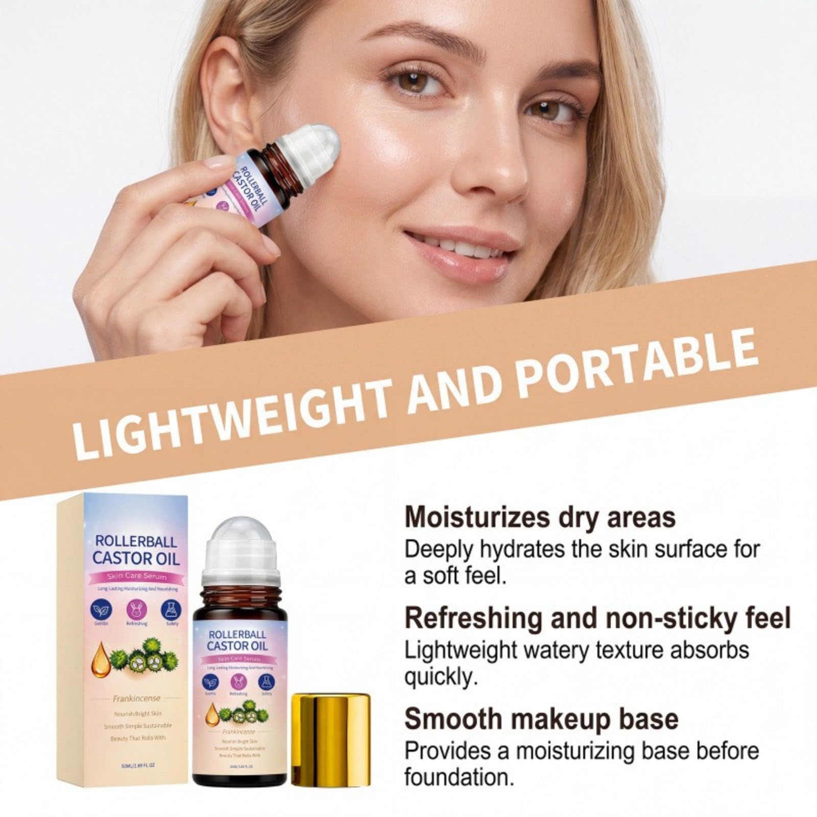 Organic Castor Oil Rose Quartz Roller Ball, Deep Hydration Skin Moisturizer, Castor Oil Roll On do twarzy, ciała, włosów, ujędrnienia i gładkiej skóry - Do wszystkich rodzajów skóry