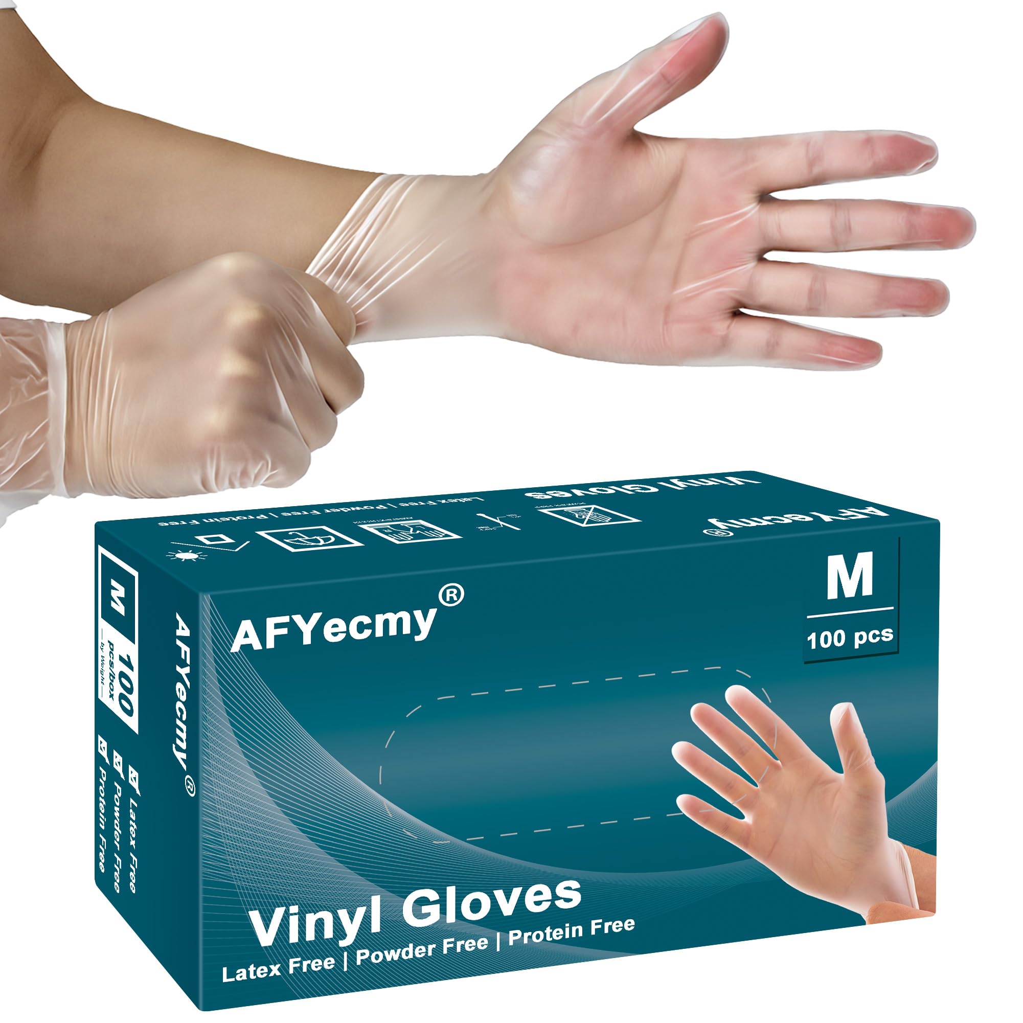 AFYecmy Clear Vinyl Gloves, Powder-Free & Latex-Free, Disposable Clear Gloves, Cleaning Gloves,5 Mil, 100 Count, Medium
